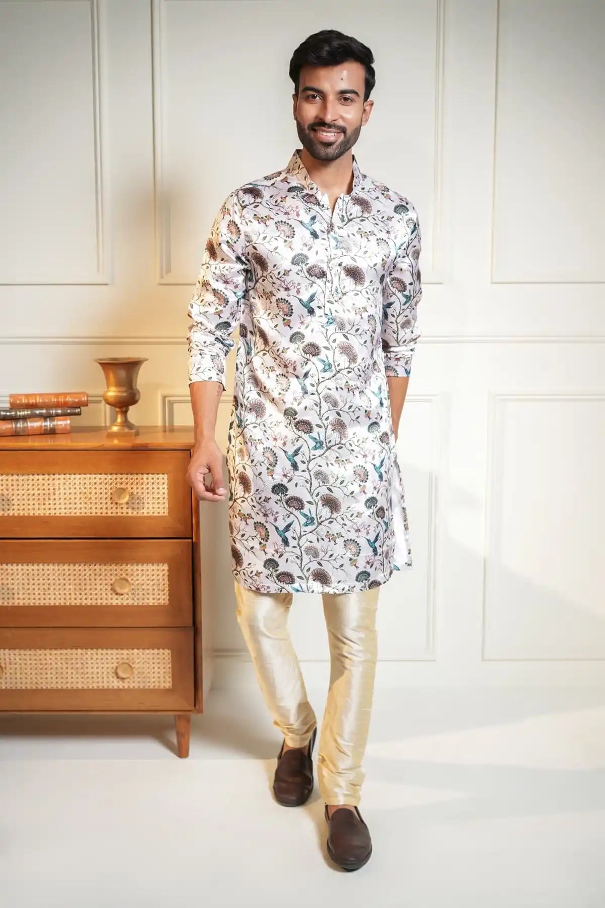 Floral Festive Kurta, Printed Jacquard Kurta - Kavarsa