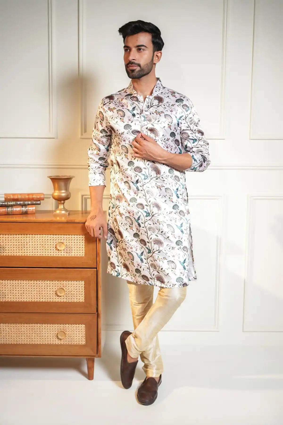 Floral Festive Kurta, Printed Jacquard Kurta - Kavarsa