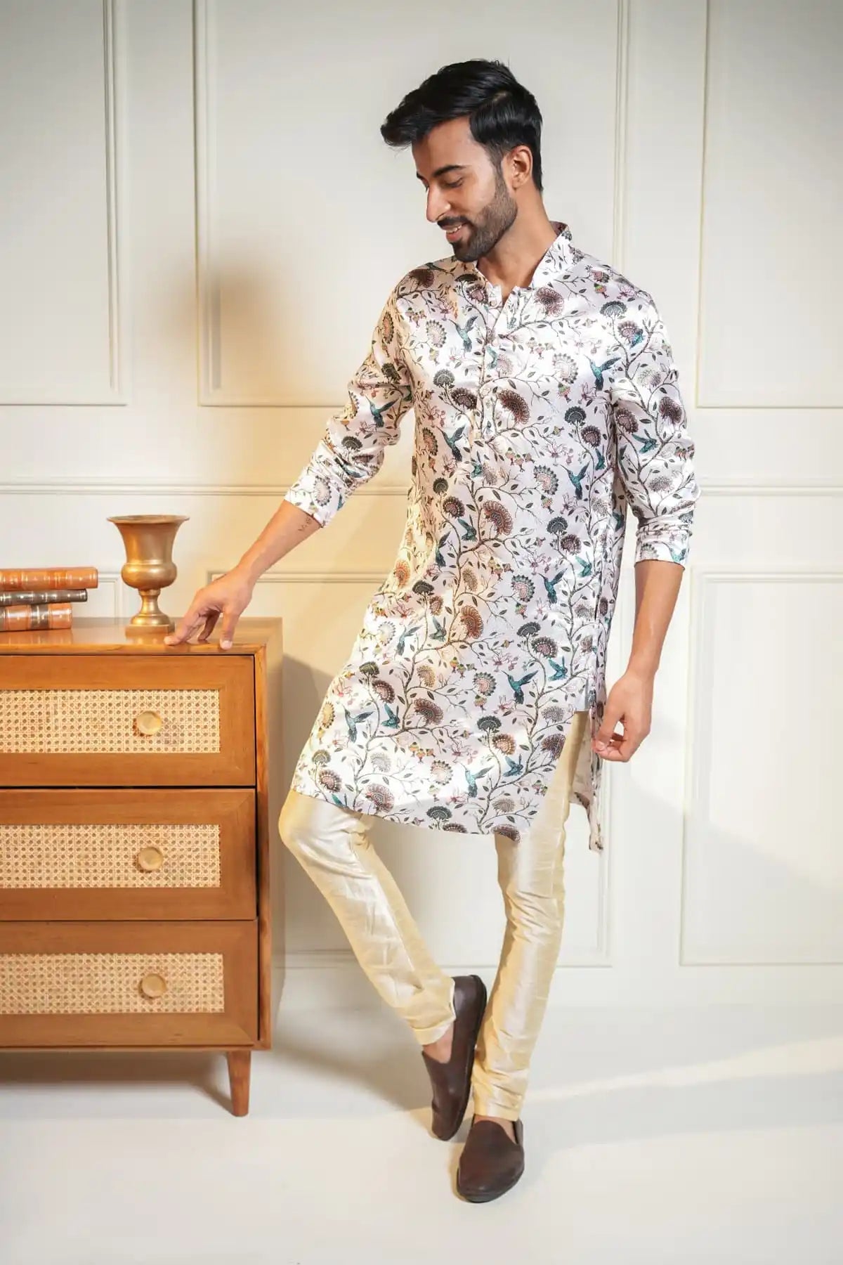 Floral Festive Kurta, Printed Jacquard Kurta - Kavarsa
