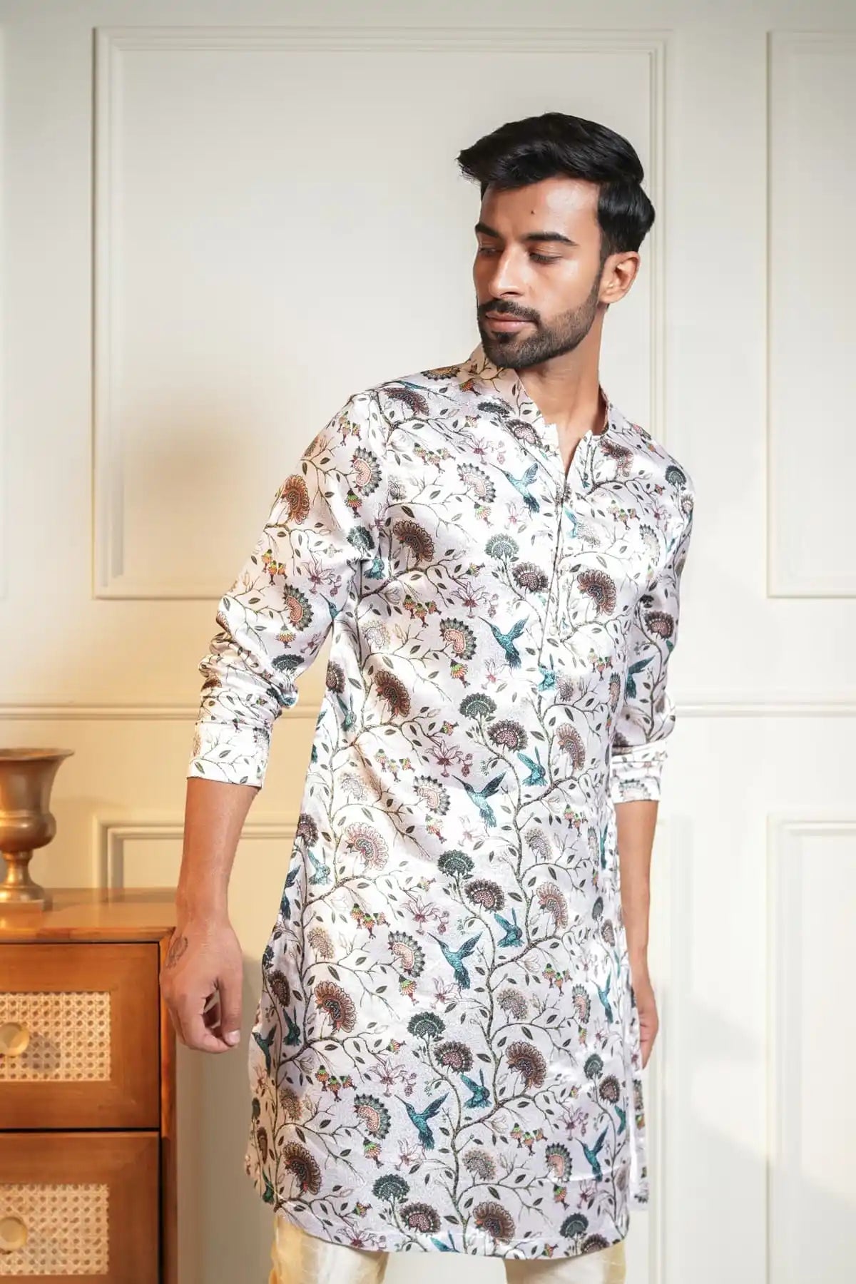 Floral Festive Kurta, Printed Jacquard Kurta - Kavarsa