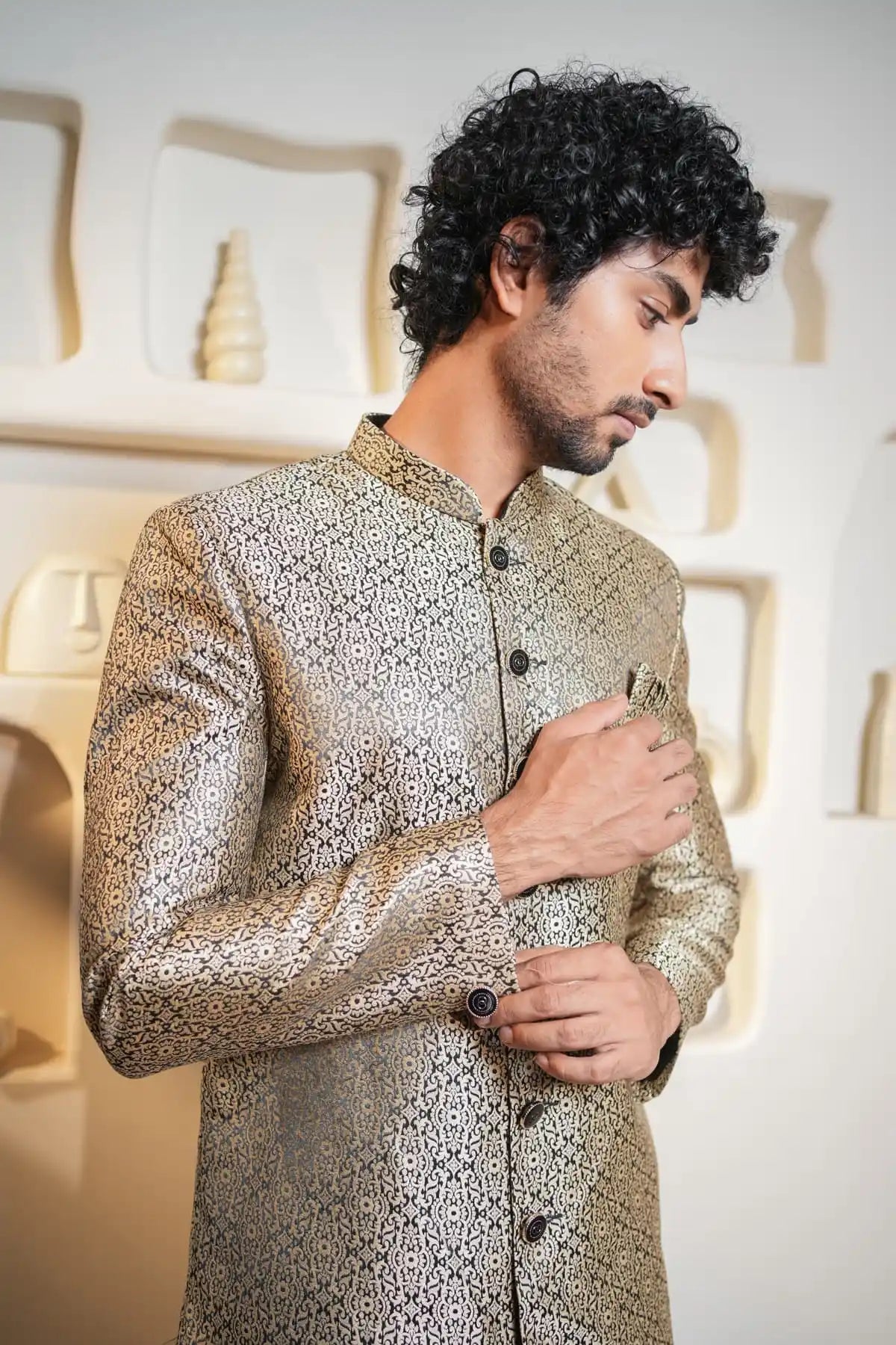 Gold And Black Patterned Indo-Western Sherwani, Designer Jacquard Indo-Western - Kavarsa
