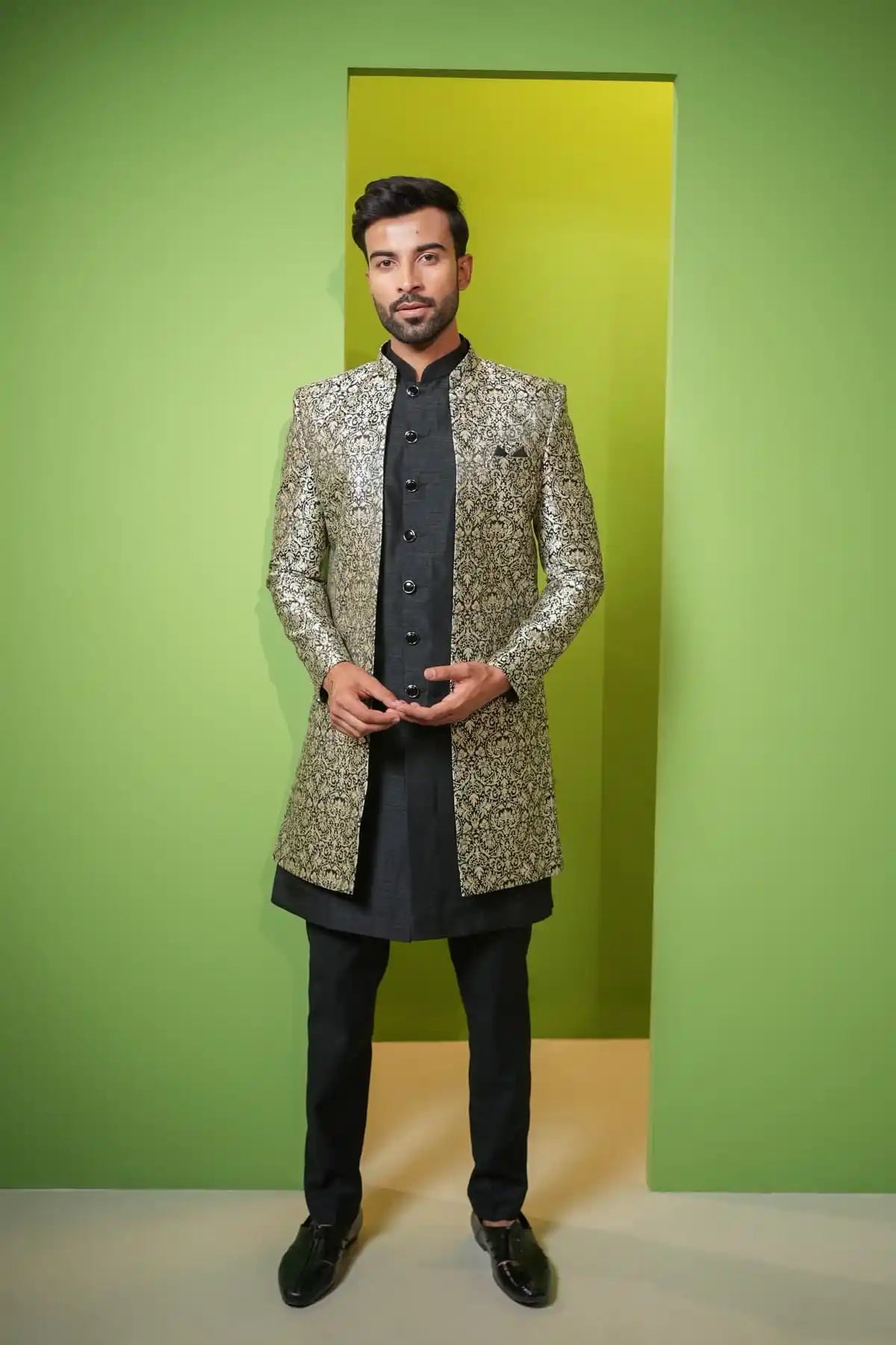 Lavender Gray And Black Jacquard Indo-Western 2-PC - Kavarsa