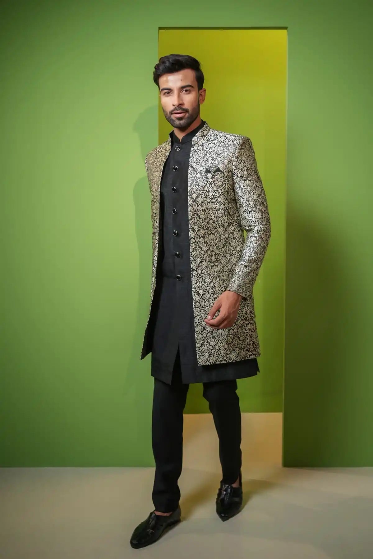Lavender Gray And Black Jacquard Indo-Western 2-PC - Kavarsa
