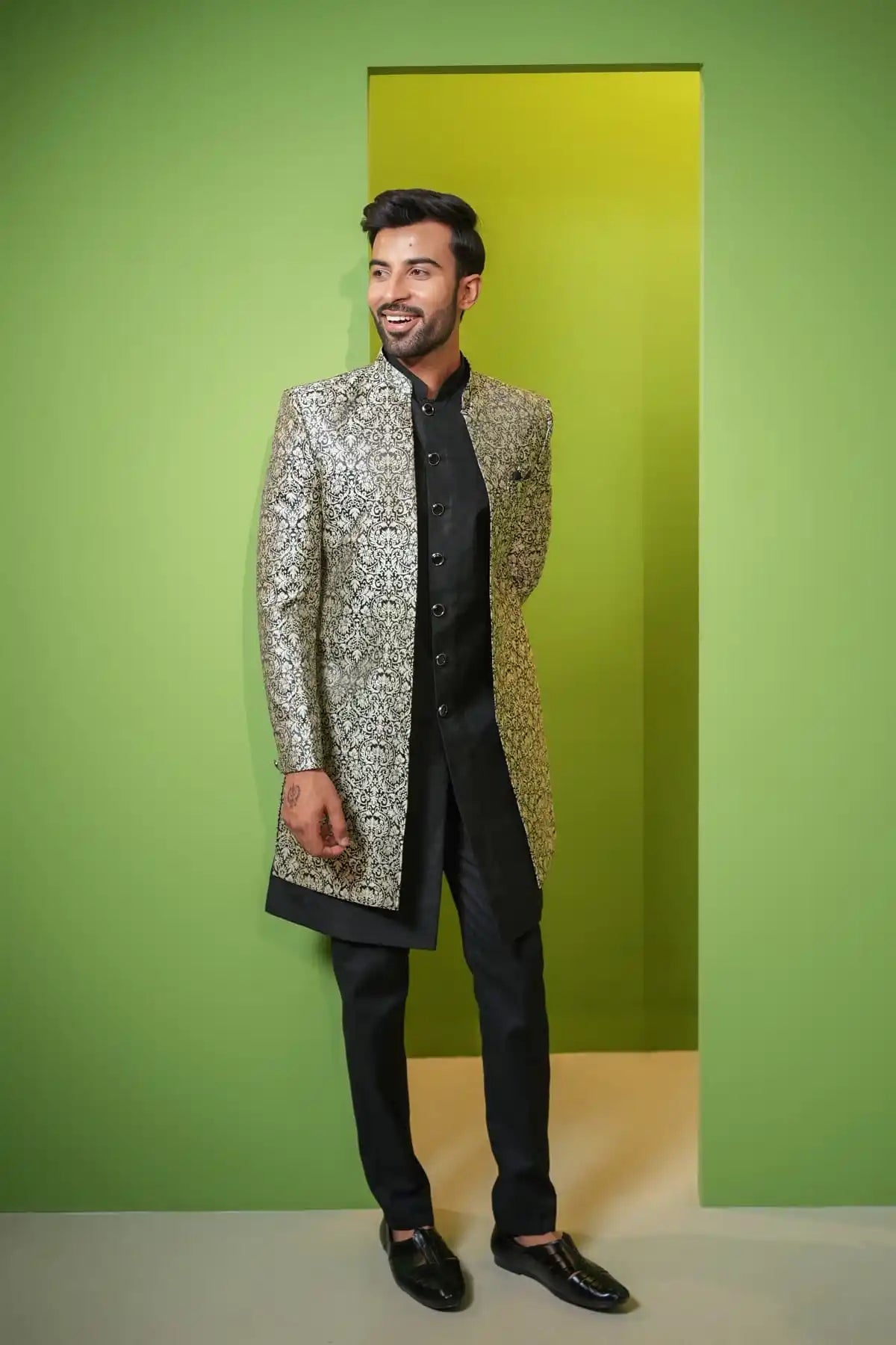 Lavender Gray And Black Jacquard Indo-Western 2-PC - Kavarsa