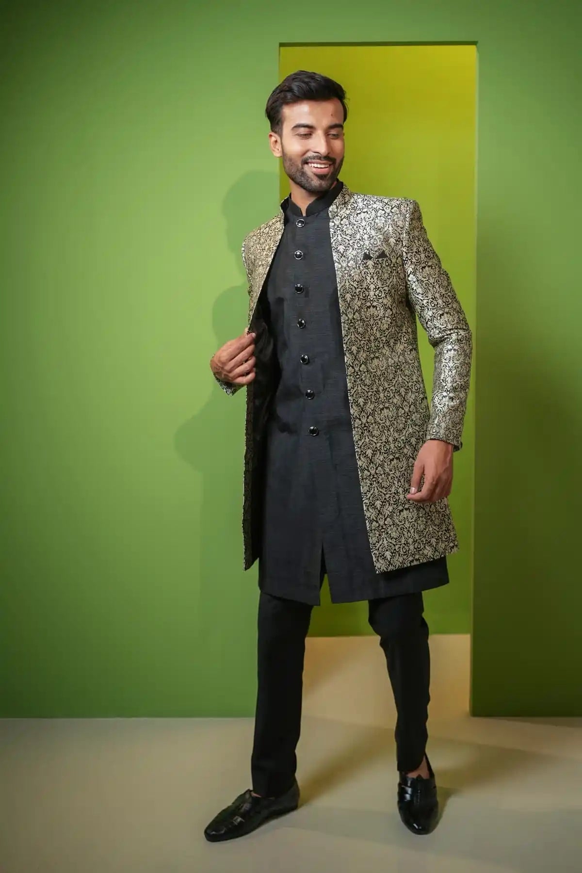 Lavender Gray And Black Jacquard Indo-Western 2-PC - Kavarsa