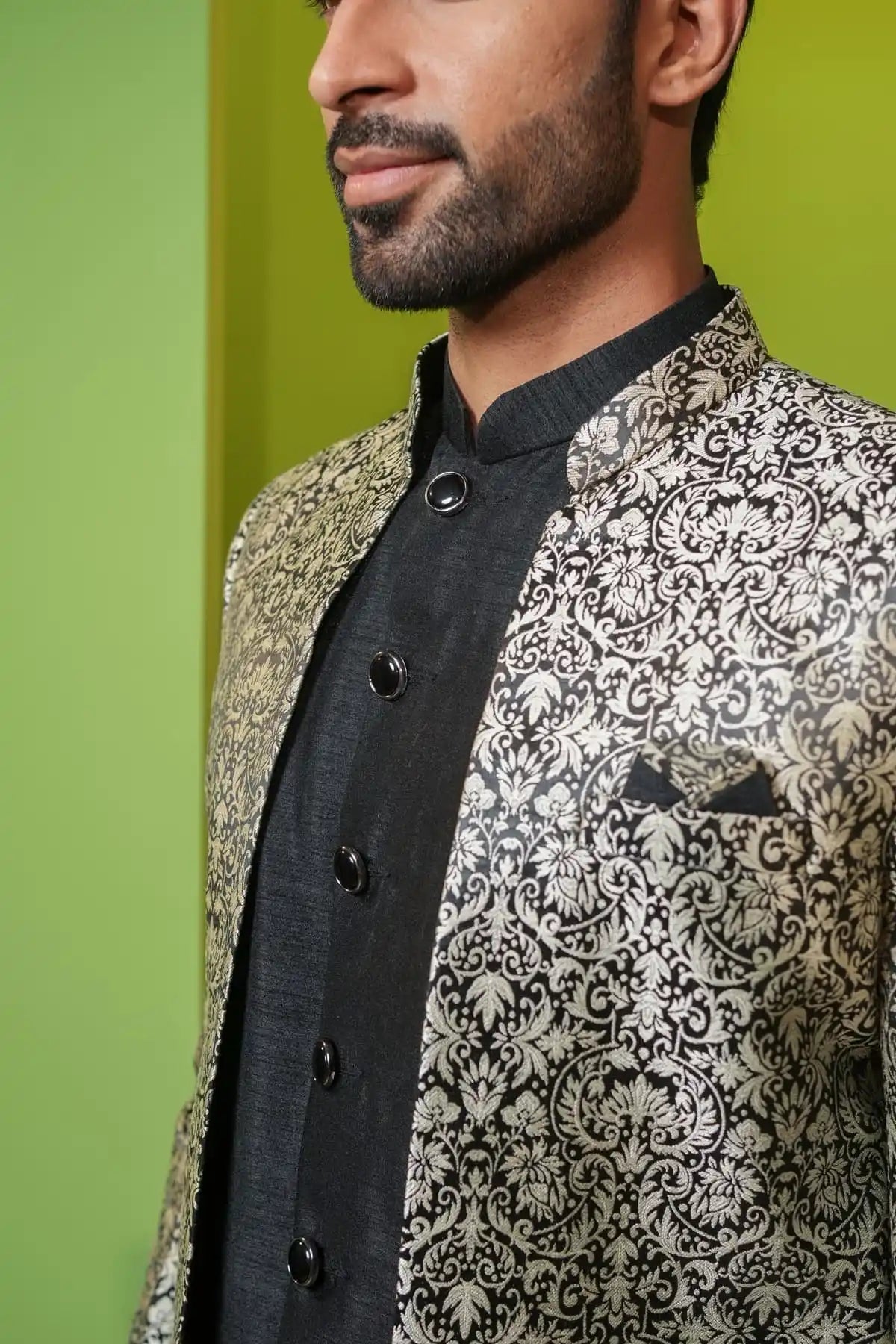 Lavender Gray And Black Jacquard Indo-Western 2-PC - Kavarsa