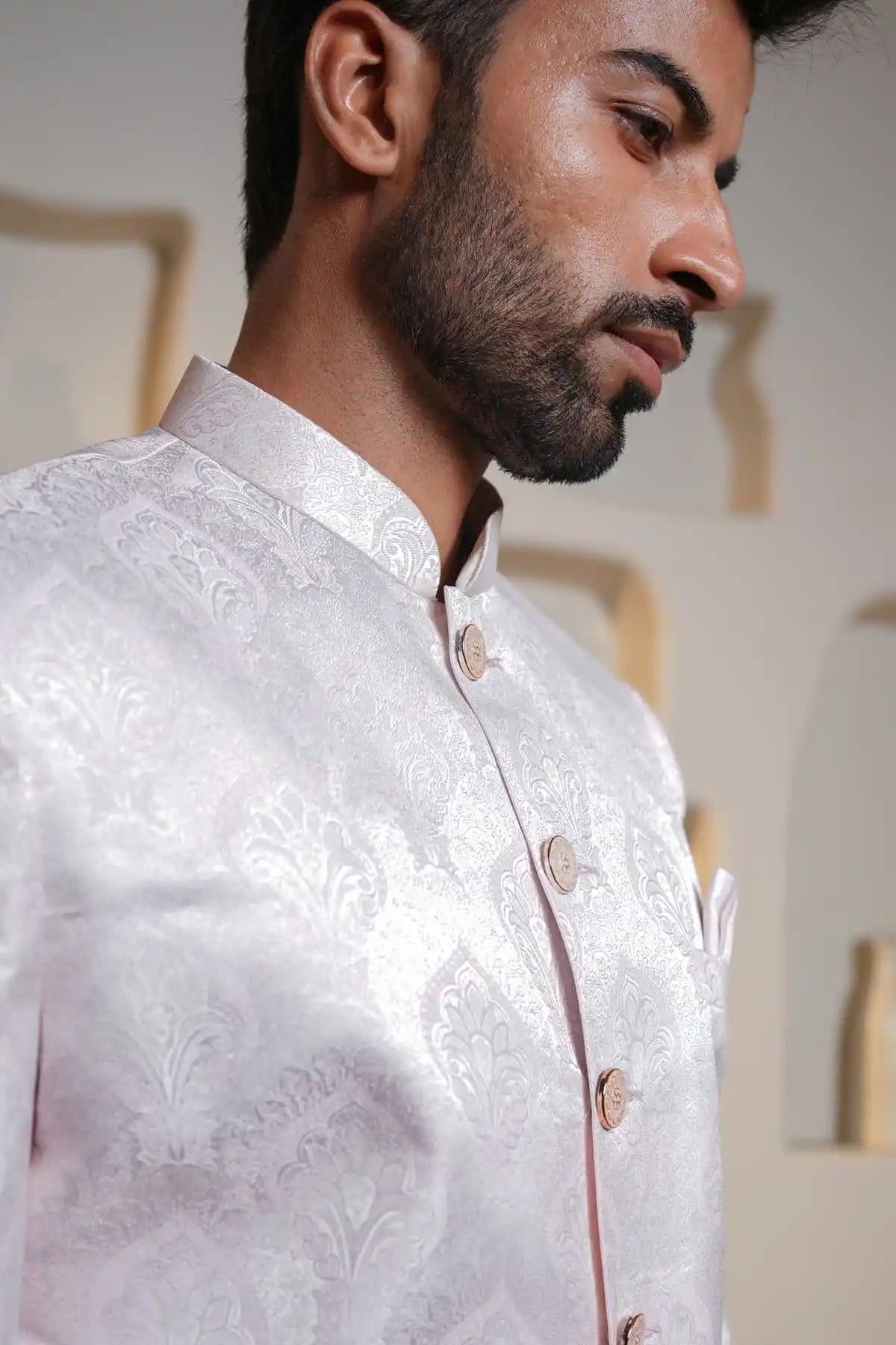 Light Pink Patterned Jacquard Silk Indo-Western, Designer Jacquard Indo-Western - Kavarsa