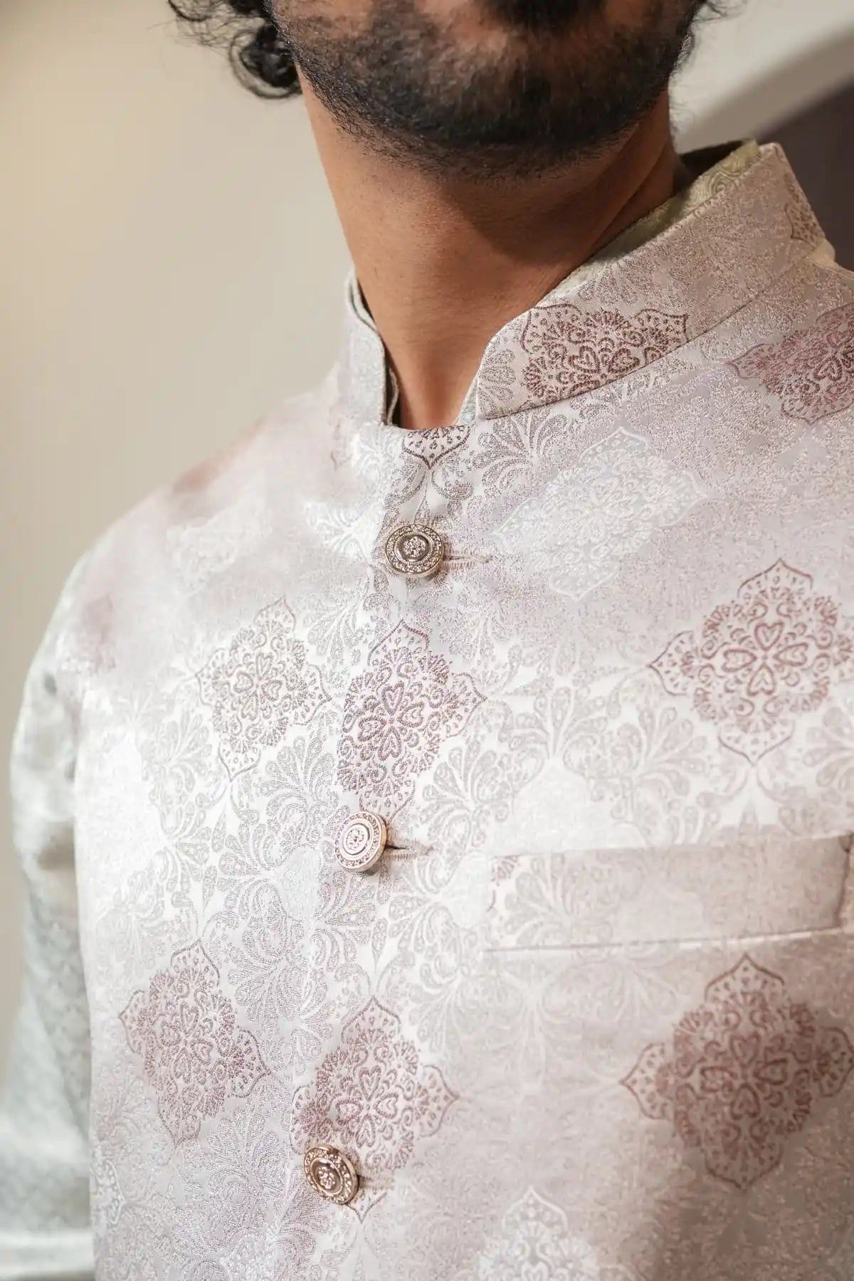 Light Pink Patterned Nehru Jacket, Designer Jacquard Nehru Jacket - Kavarsa