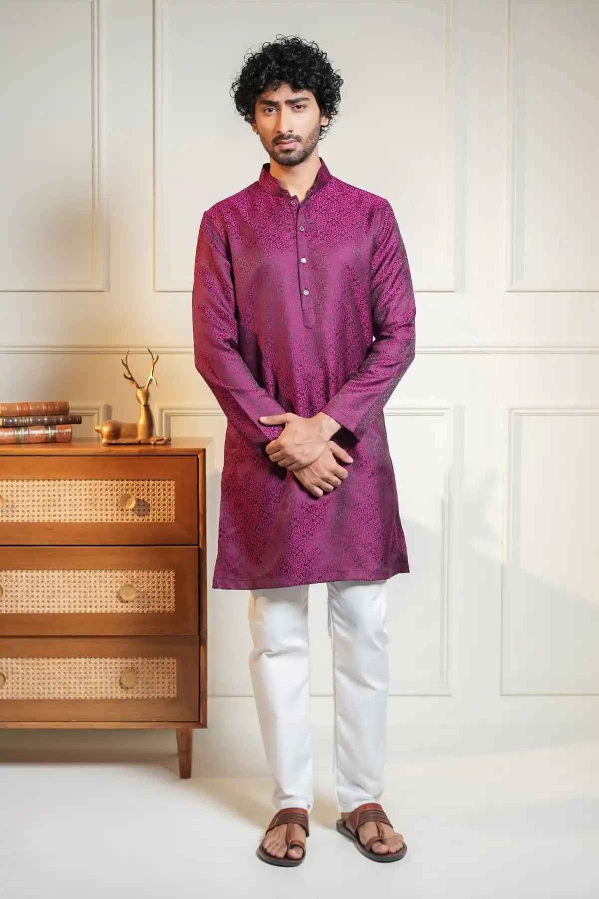 Maroon Kurta, Designer Jacquard Kurta - Kavarsa