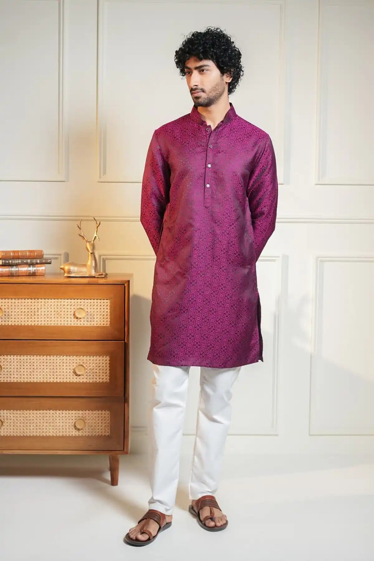 Maroon Kurta, Designer Jacquard Kurta - Kavarsa