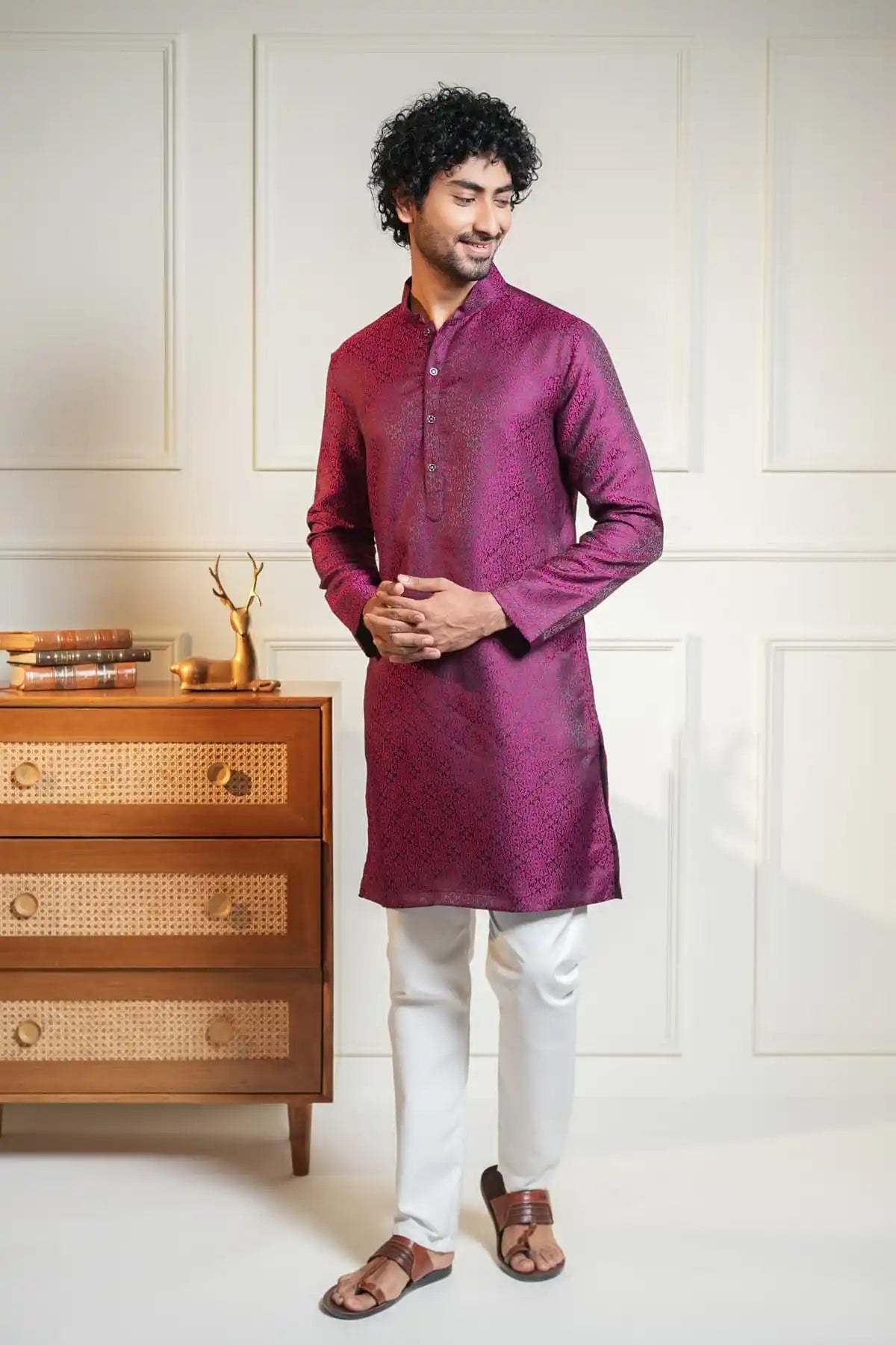 Maroon Kurta, Designer Jacquard Kurta - Kavarsa