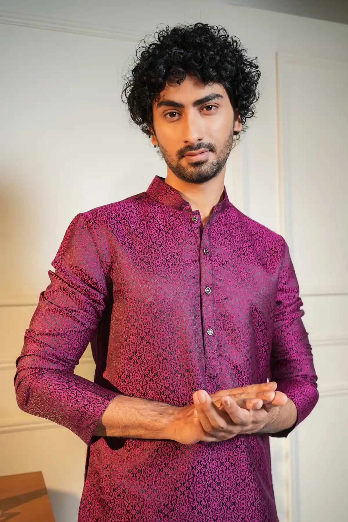 Maroon Kurta, Designer Jacquard Kurta - Kavarsa