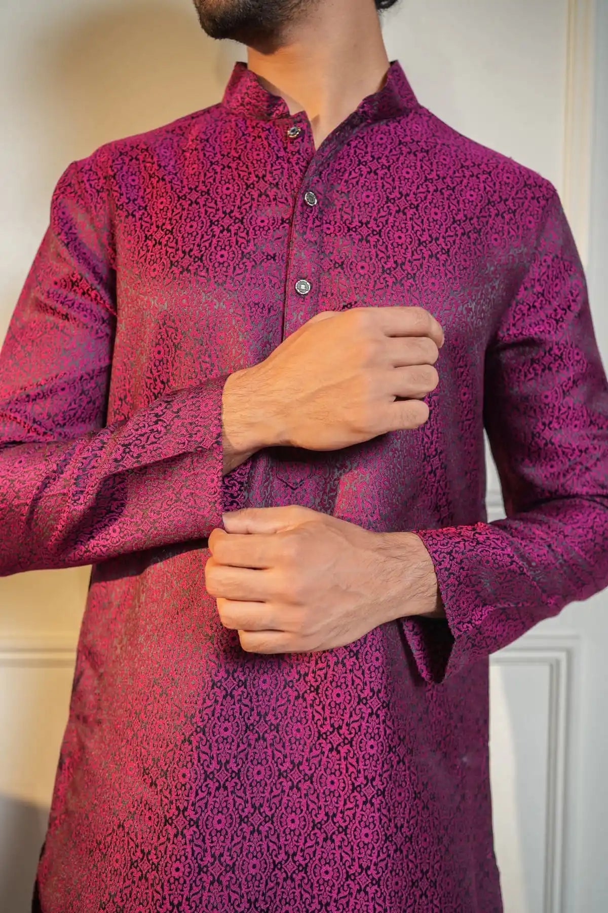 Maroon Kurta, Designer Jacquard Kurta - Kavarsa