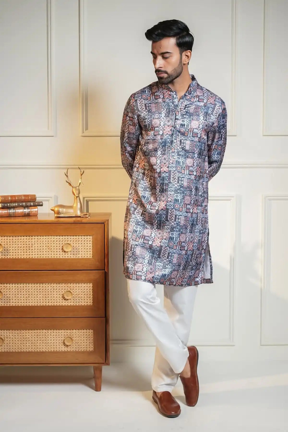 Men's Printed Kurta with White Churidar kurta - Kavarsa
