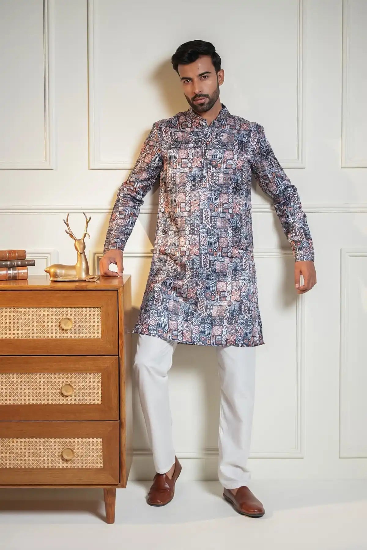 Men's Printed Kurta with White Churidar kurta - Kavarsa