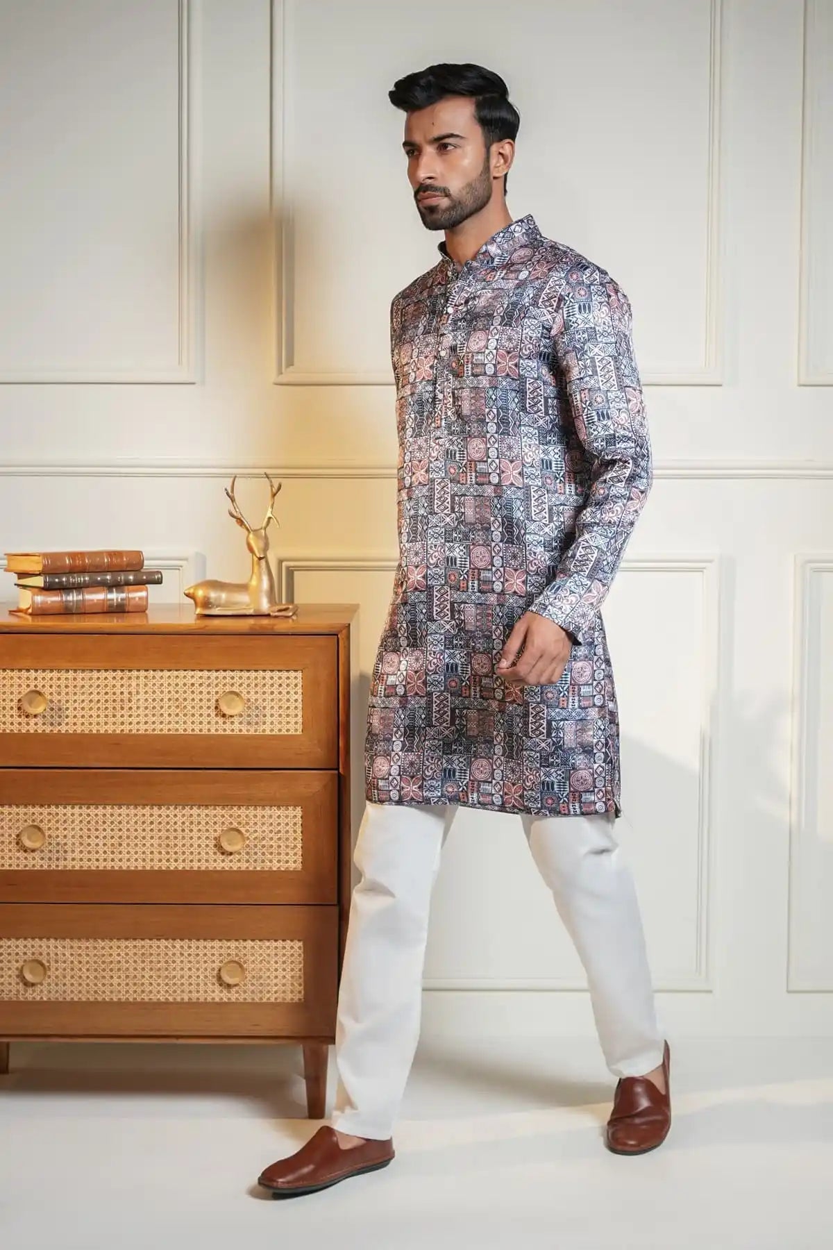 Men's Printed Kurta with White Churidar kurta - Kavarsa