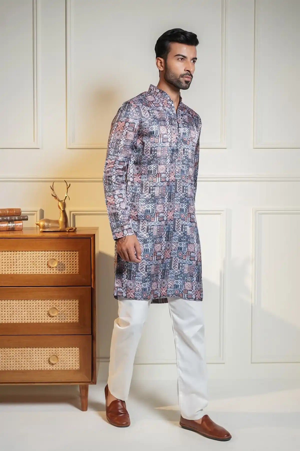 Men's Printed Kurta with White Churidar kurta - Kavarsa