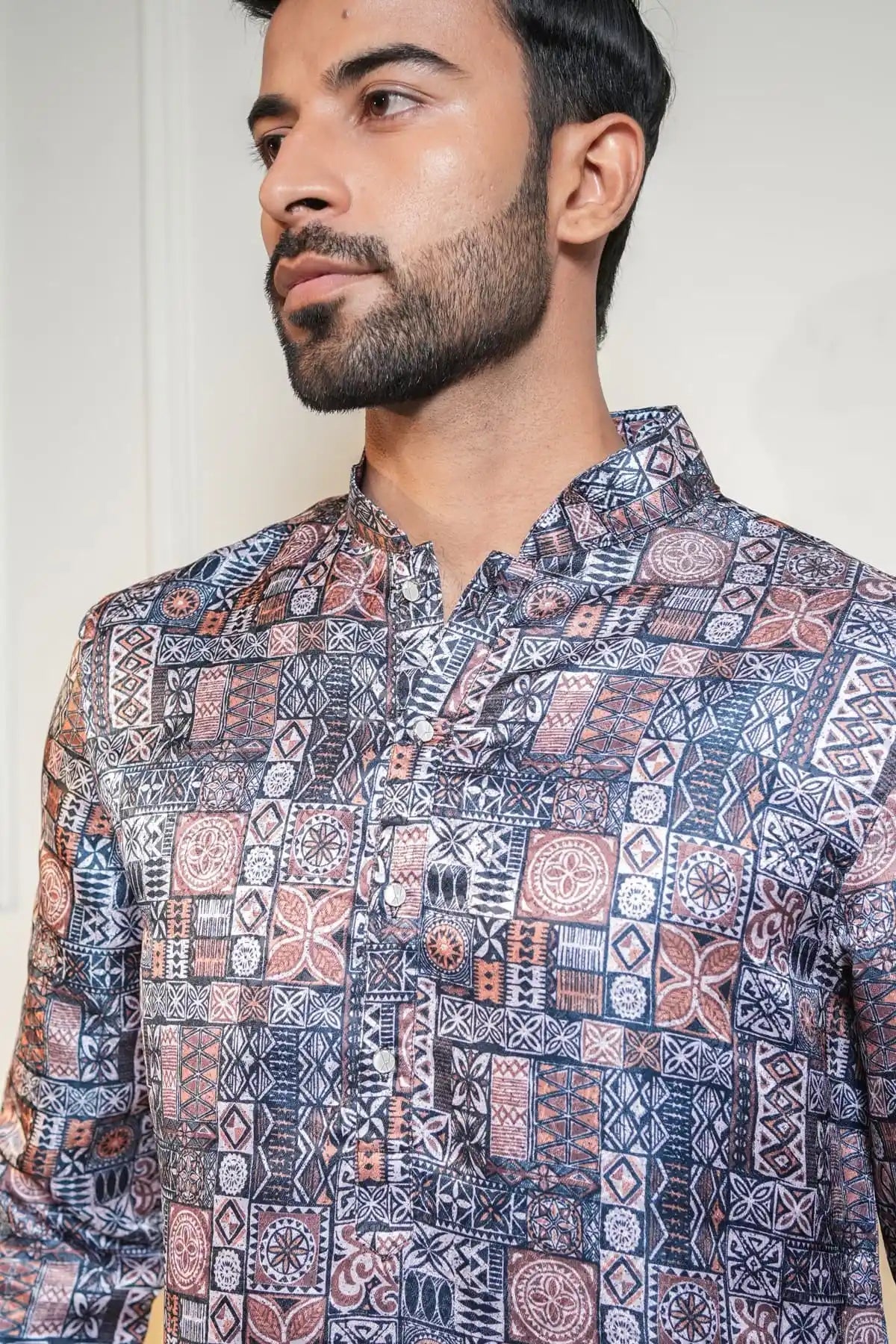 Men's Printed Kurta with White Churidar kurta - Kavarsa