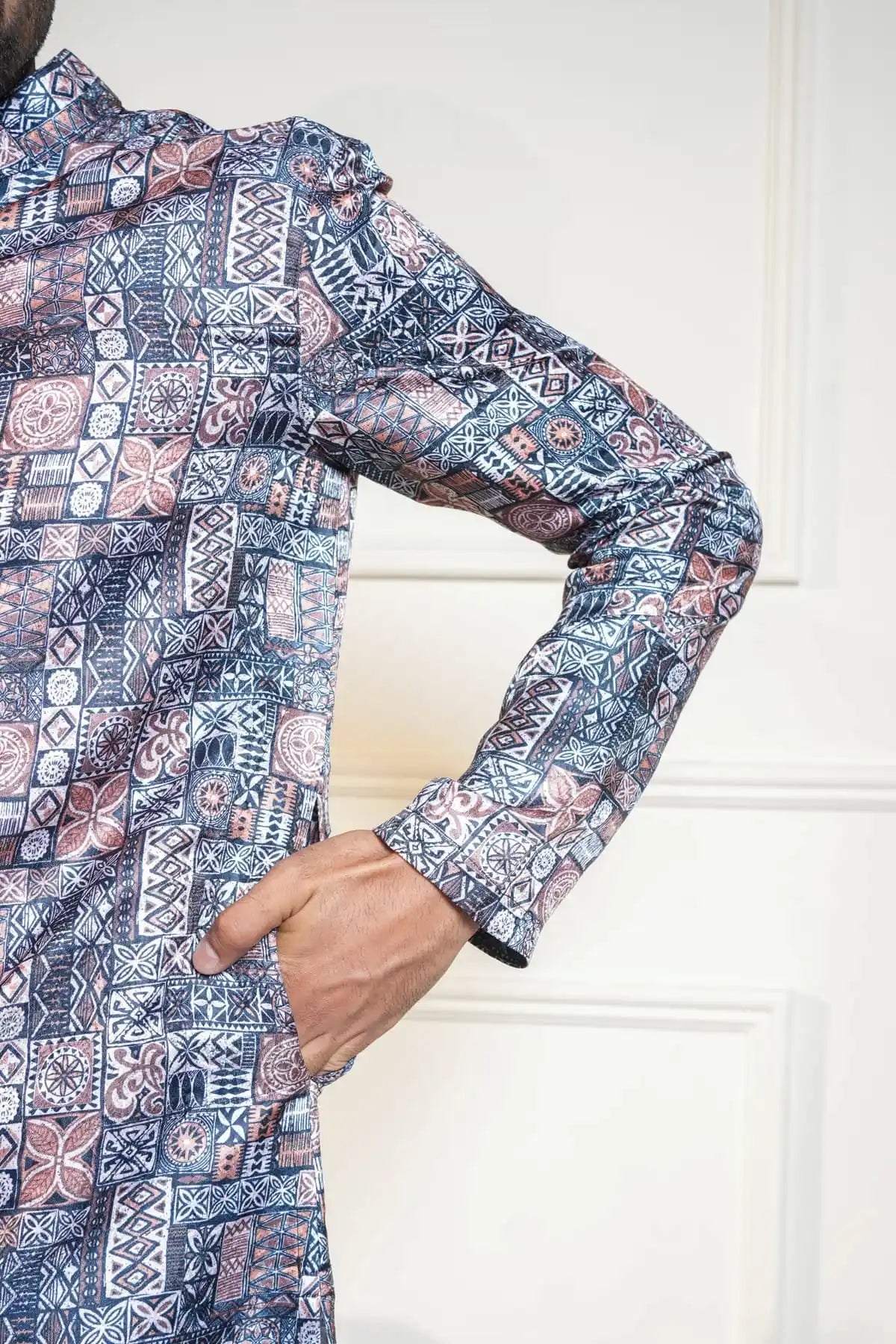 Men's Printed Kurta with White Churidar kurta - Kavarsa