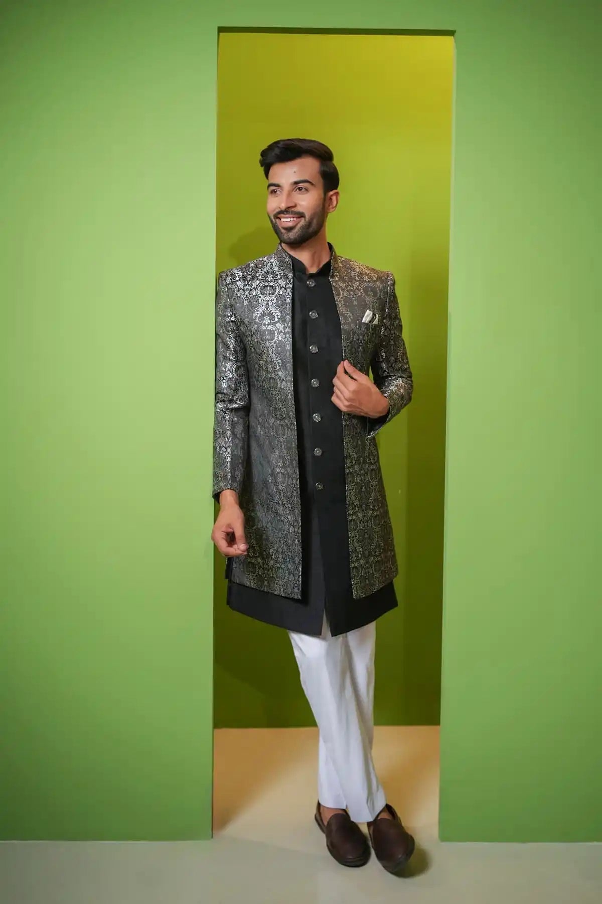 Mesmerizing Silver And Black Jacquard Indo-Western 2-PC - Kavarsa