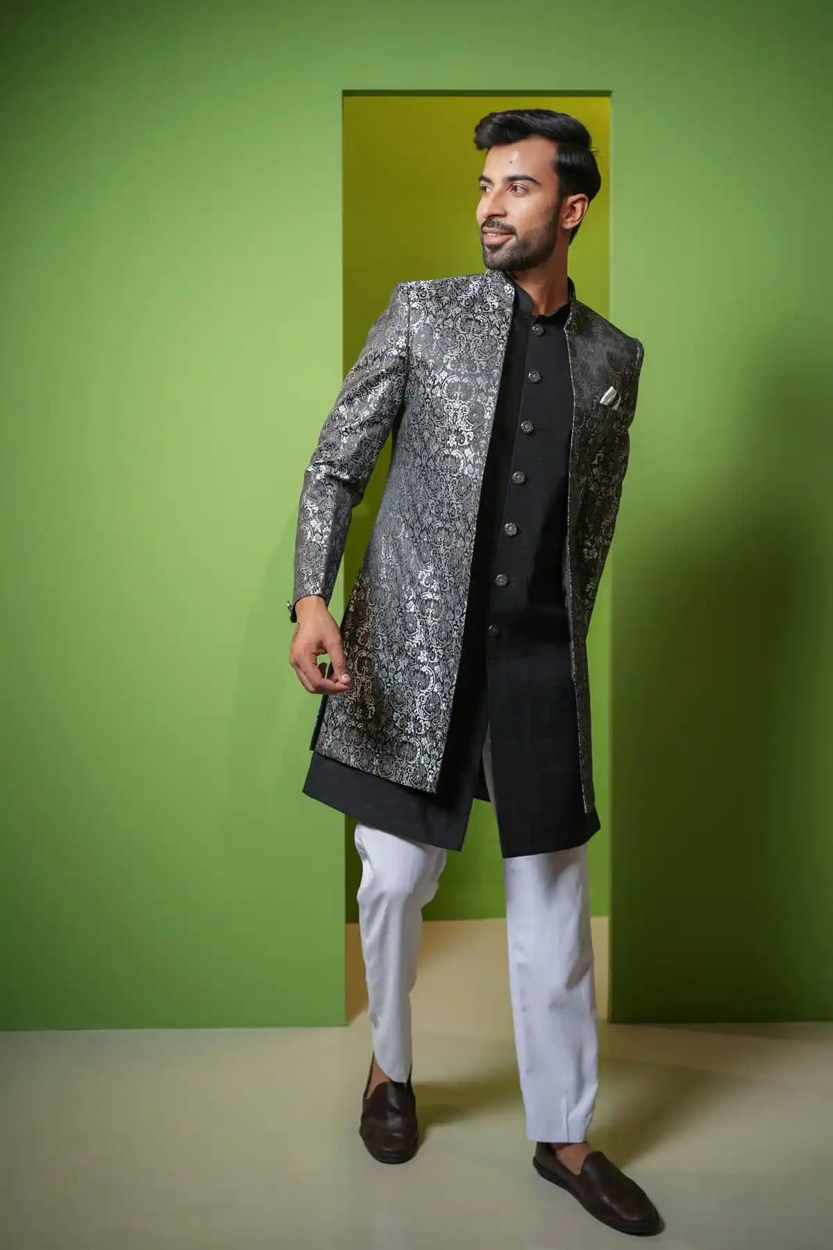 Mesmerizing Silver And Black Jacquard Indo-Western 2-PC - Kavarsa