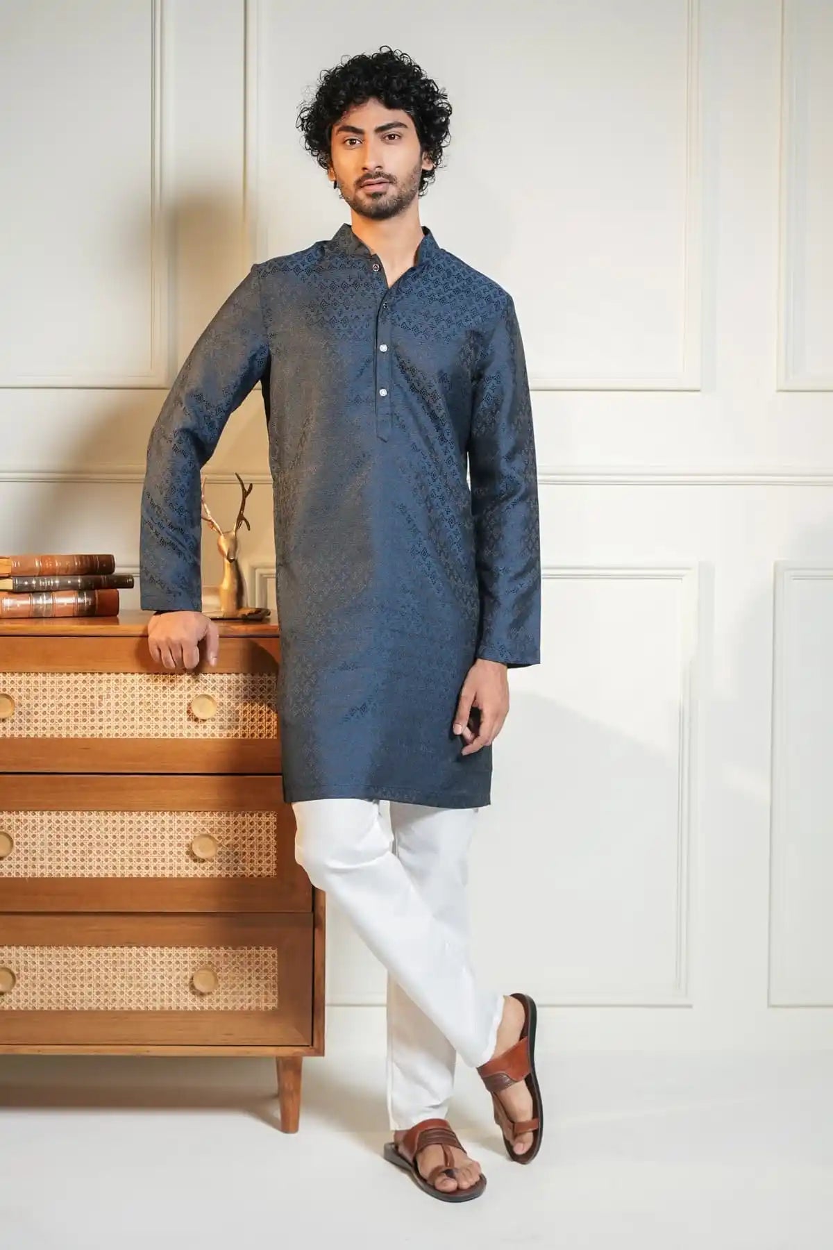 Midnight Blue Kurta, Designer Jacquard Kurta - Kavarsa