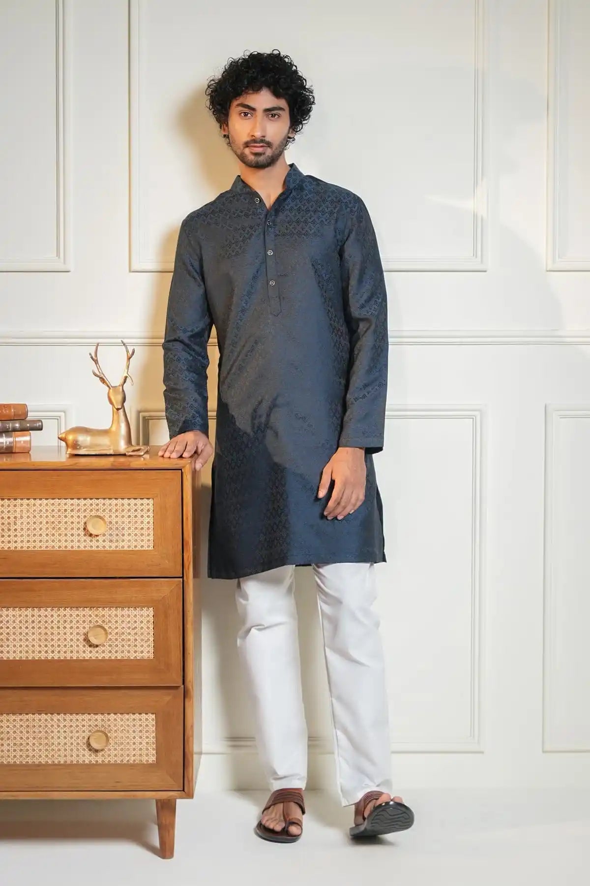 Midnight Blue Kurta, Designer Jacquard Kurta - Kavarsa