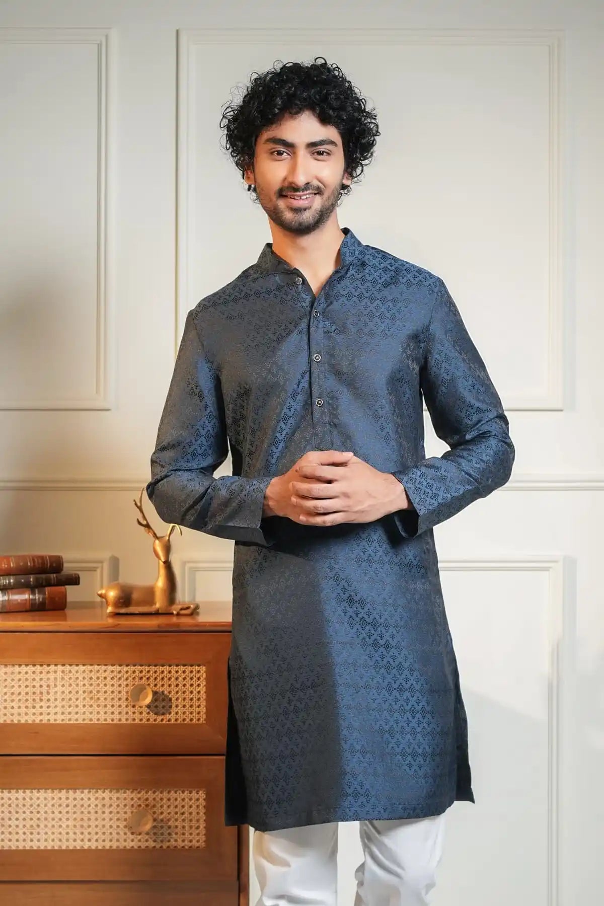 Midnight Blue Kurta, Designer Jacquard Kurta - Kavarsa