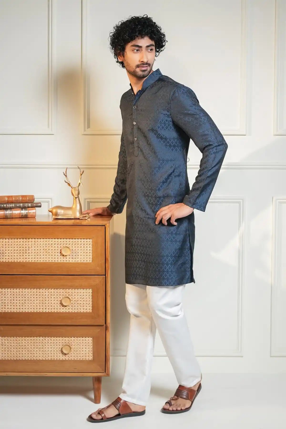 Midnight Blue Kurta, Designer Jacquard Kurta - Kavarsa