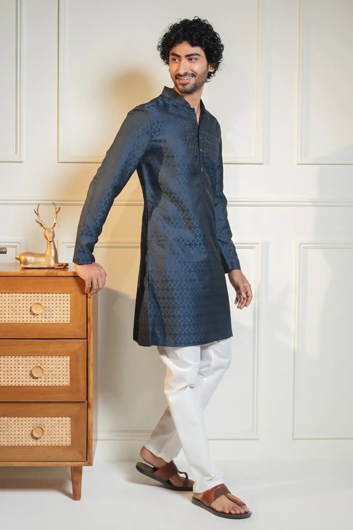 Midnight Blue Kurta, Designer Jacquard Kurta - Kavarsa