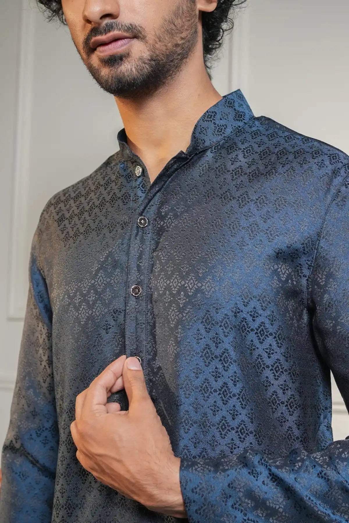 Midnight Blue Kurta, Designer Jacquard Kurta - Kavarsa