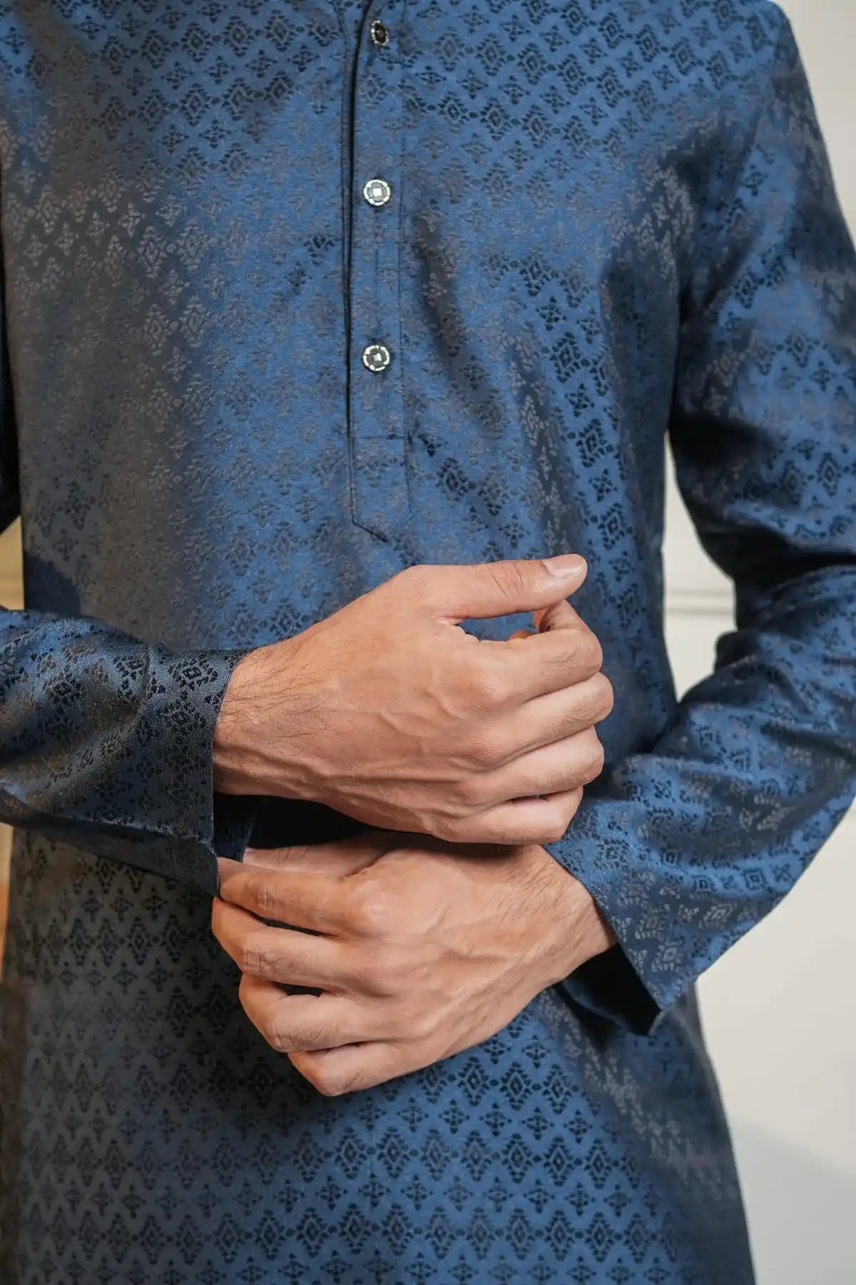 Midnight Blue Kurta, Designer Jacquard Kurta - Kavarsa