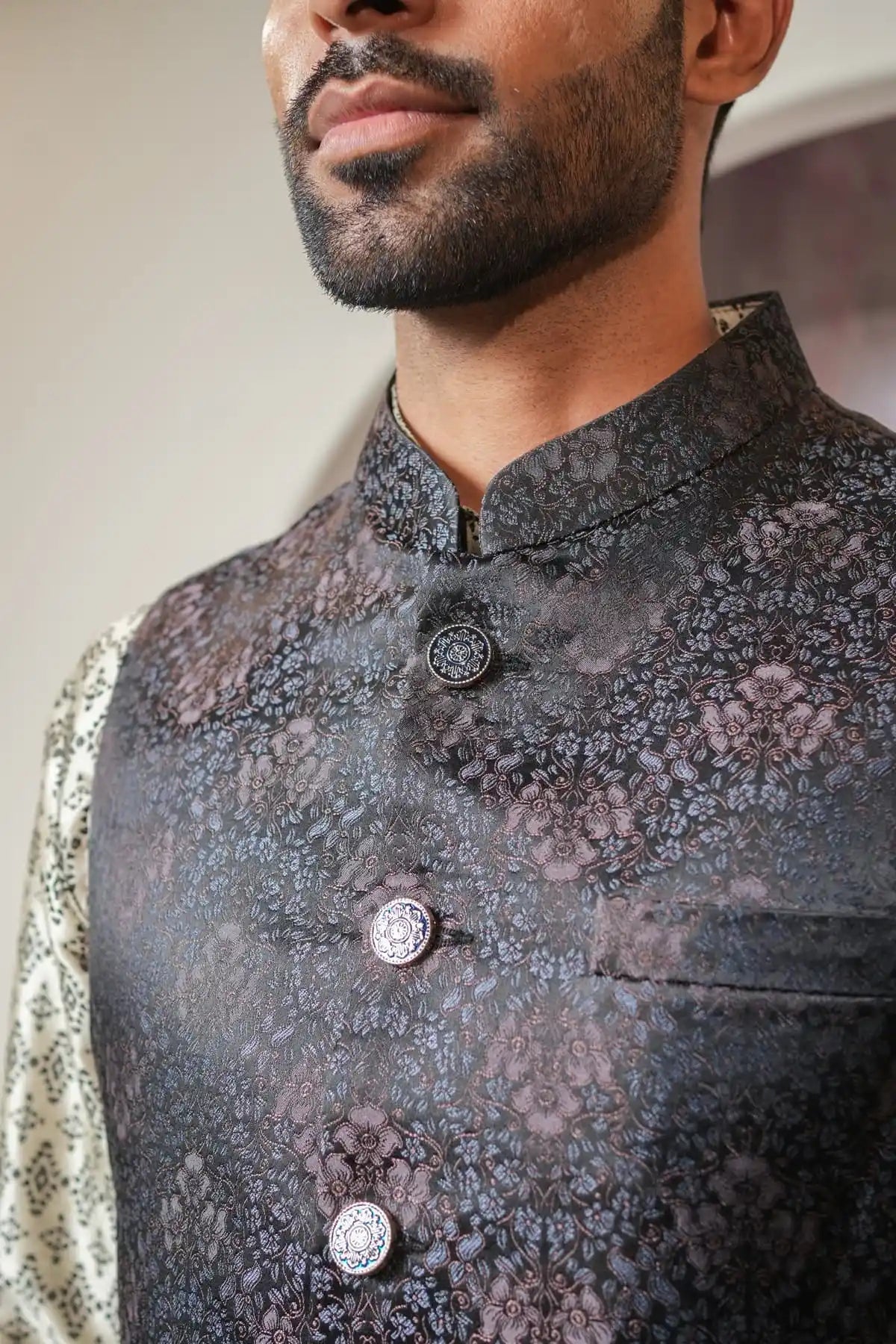 Premium Floral Nehru Jacket, Designer Jacquard Nehru Jacket - Kavarsa