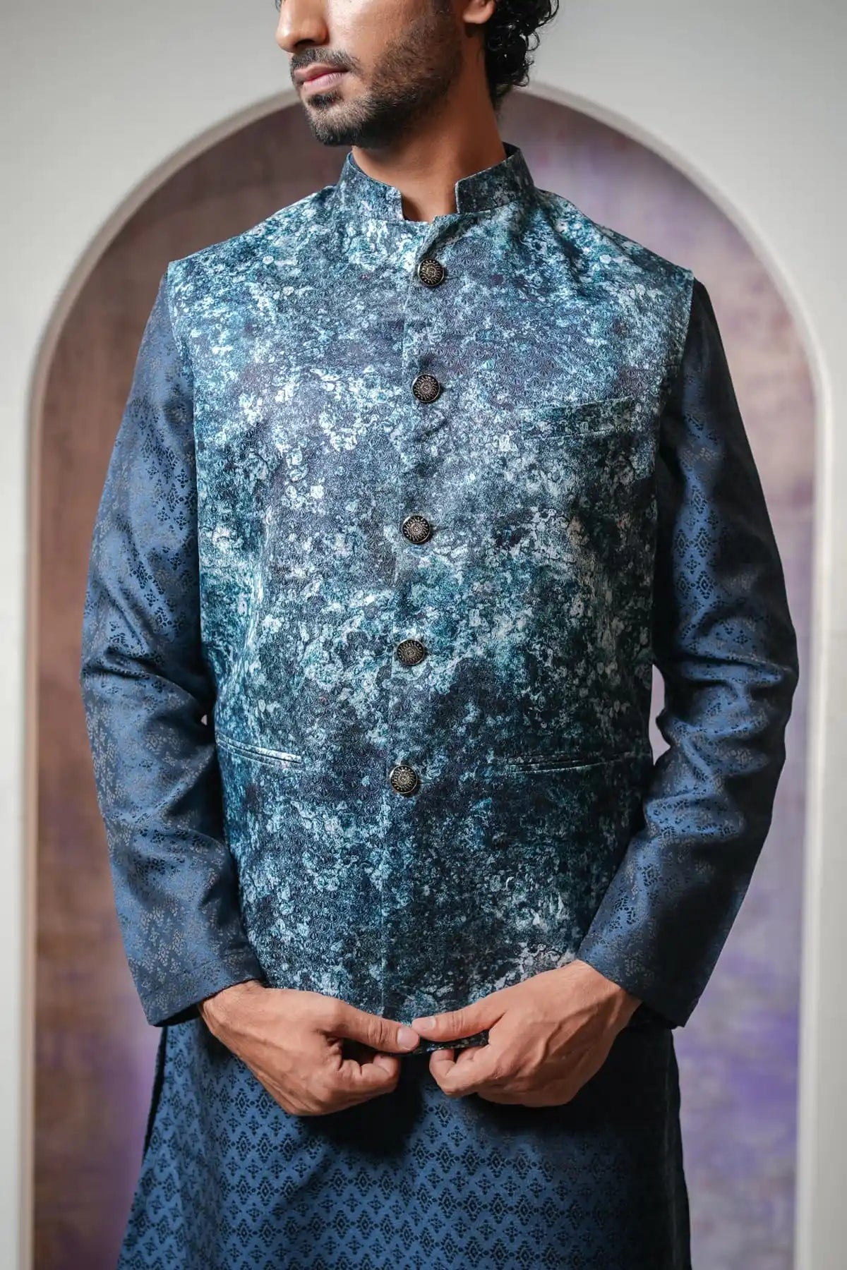 Premium Teal Blue Floral Nehru Jacket, Digital Print Nehru Jacket - Kavarsa