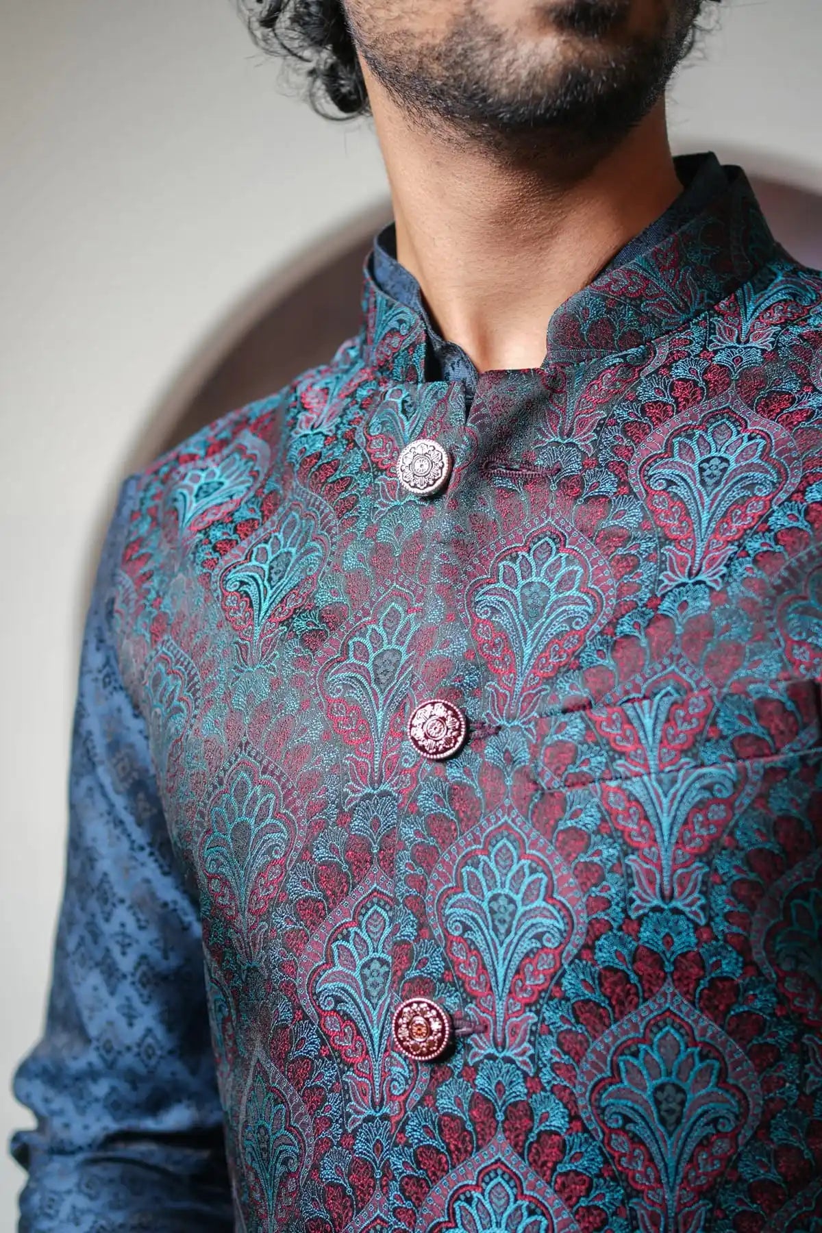 Prussian Blue Nehru Jacket, Designer Jacquard Nehru Jacket - Kavarsa