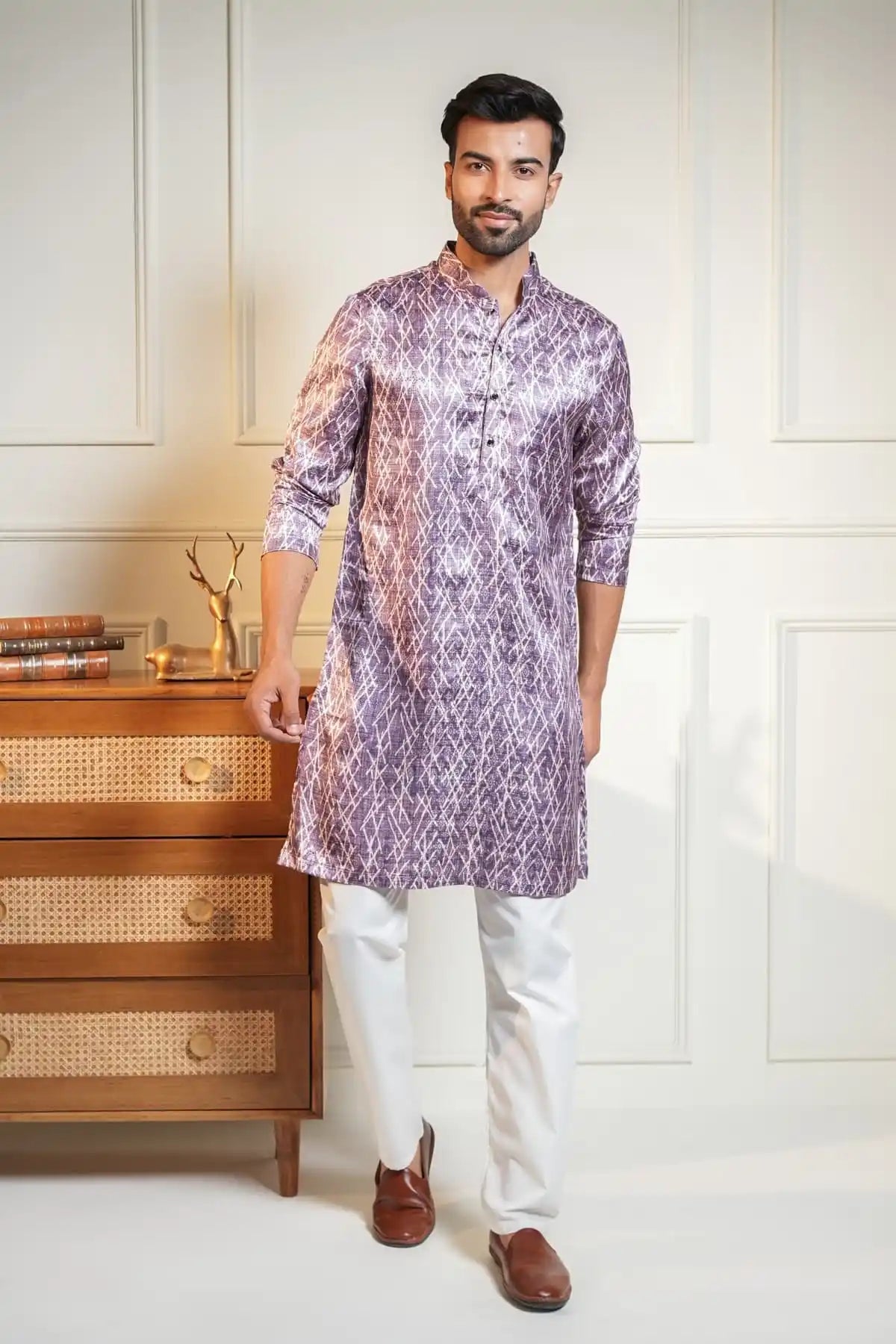 Purple Crisscross Kurta, Printed Jacquard Kurta - Kavarsa
