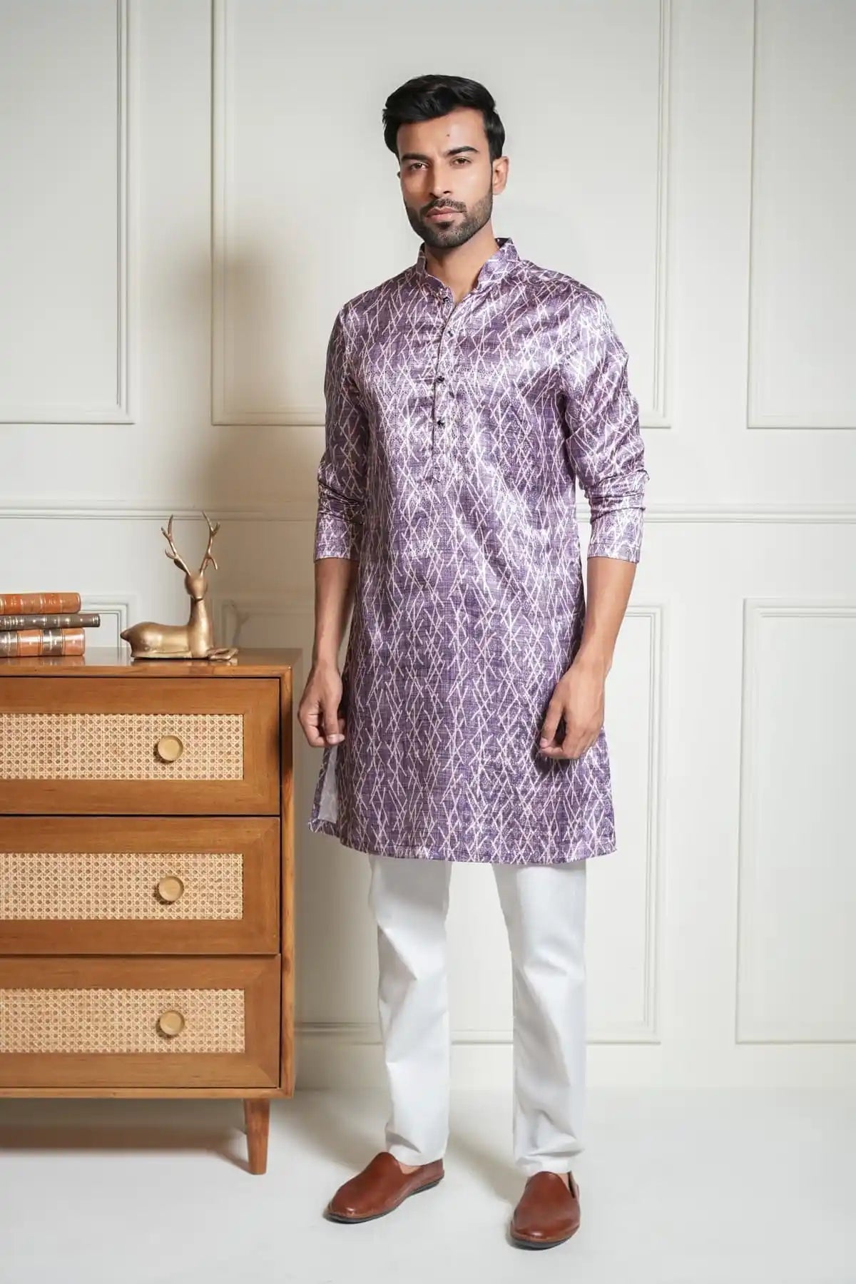 Purple Crisscross Kurta, Printed Jacquard Kurta - Kavarsa