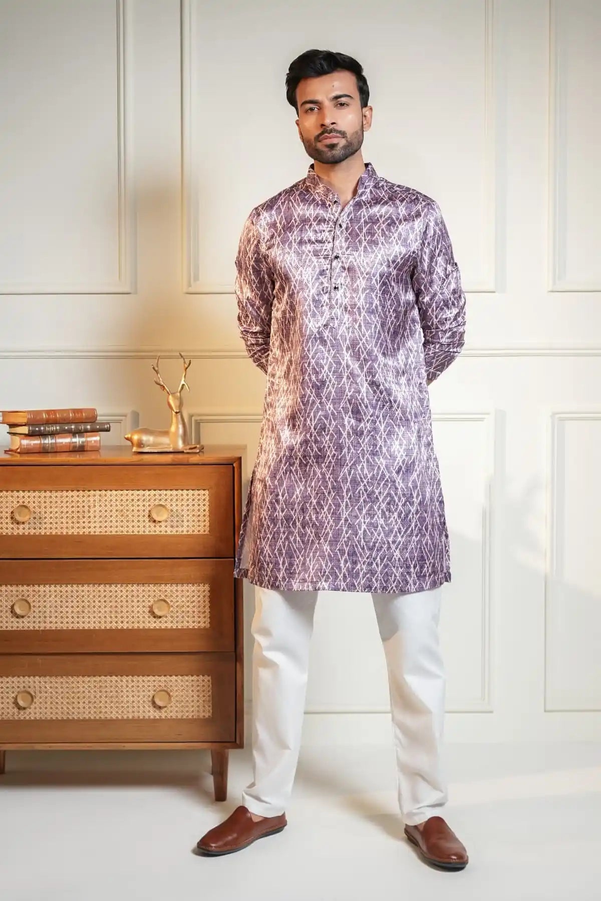 Purple Crisscross Kurta, Printed Jacquard Kurta - Kavarsa