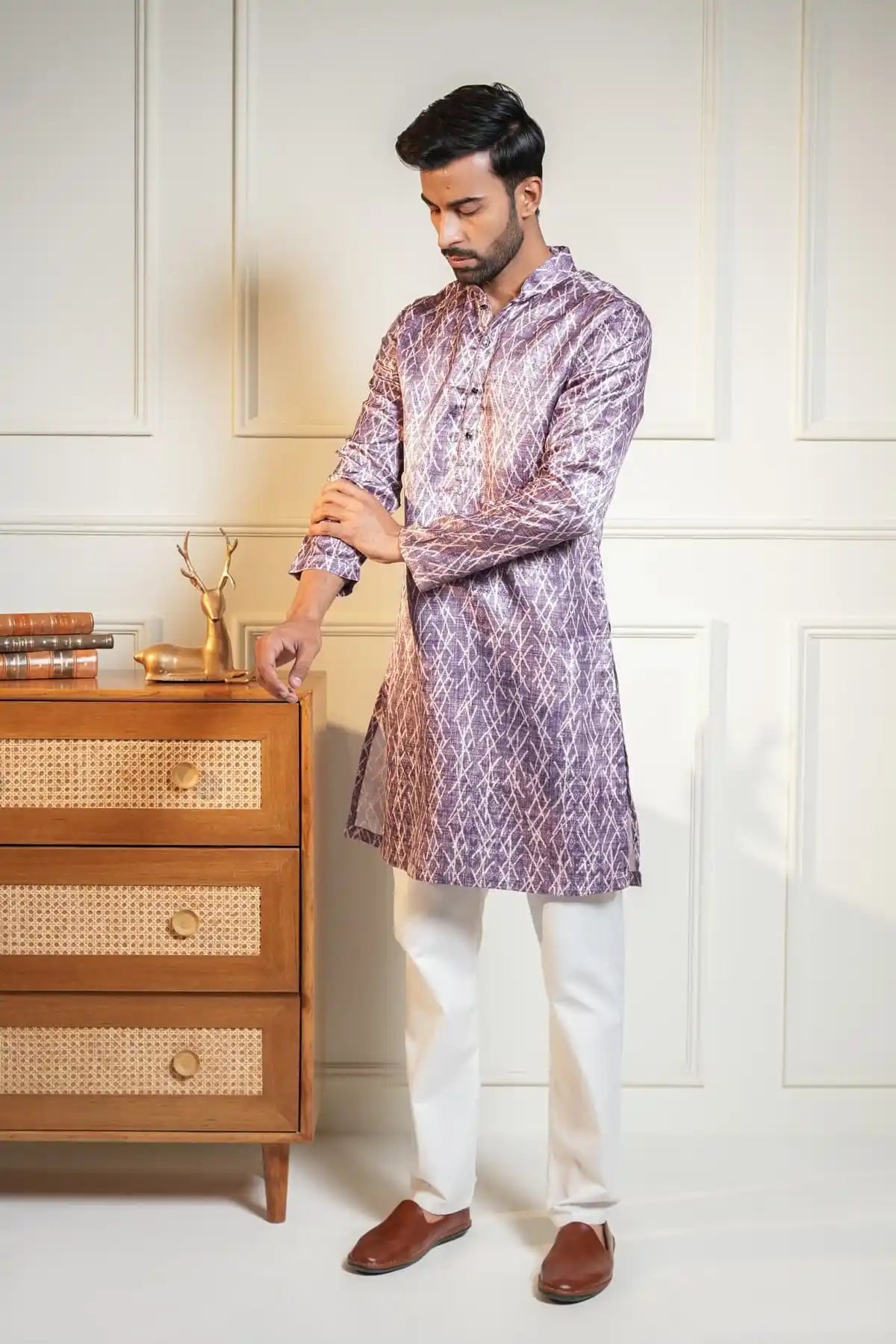 Purple Crisscross Kurta, Printed Jacquard Kurta - Kavarsa