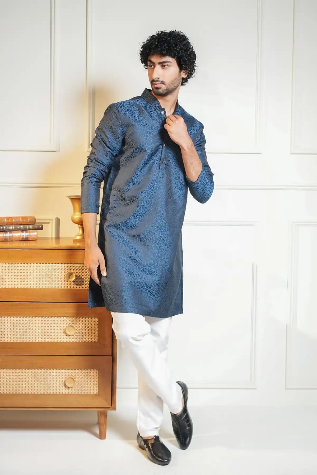 Royal Blue Kurta, Designer Jacquard Kurta - Kavarsa