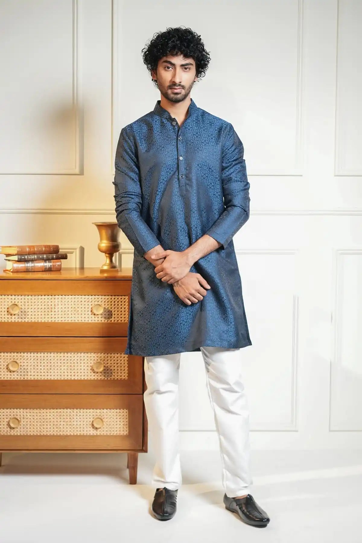 Royal Blue Kurta, Designer Jacquard Kurta - Kavarsa
