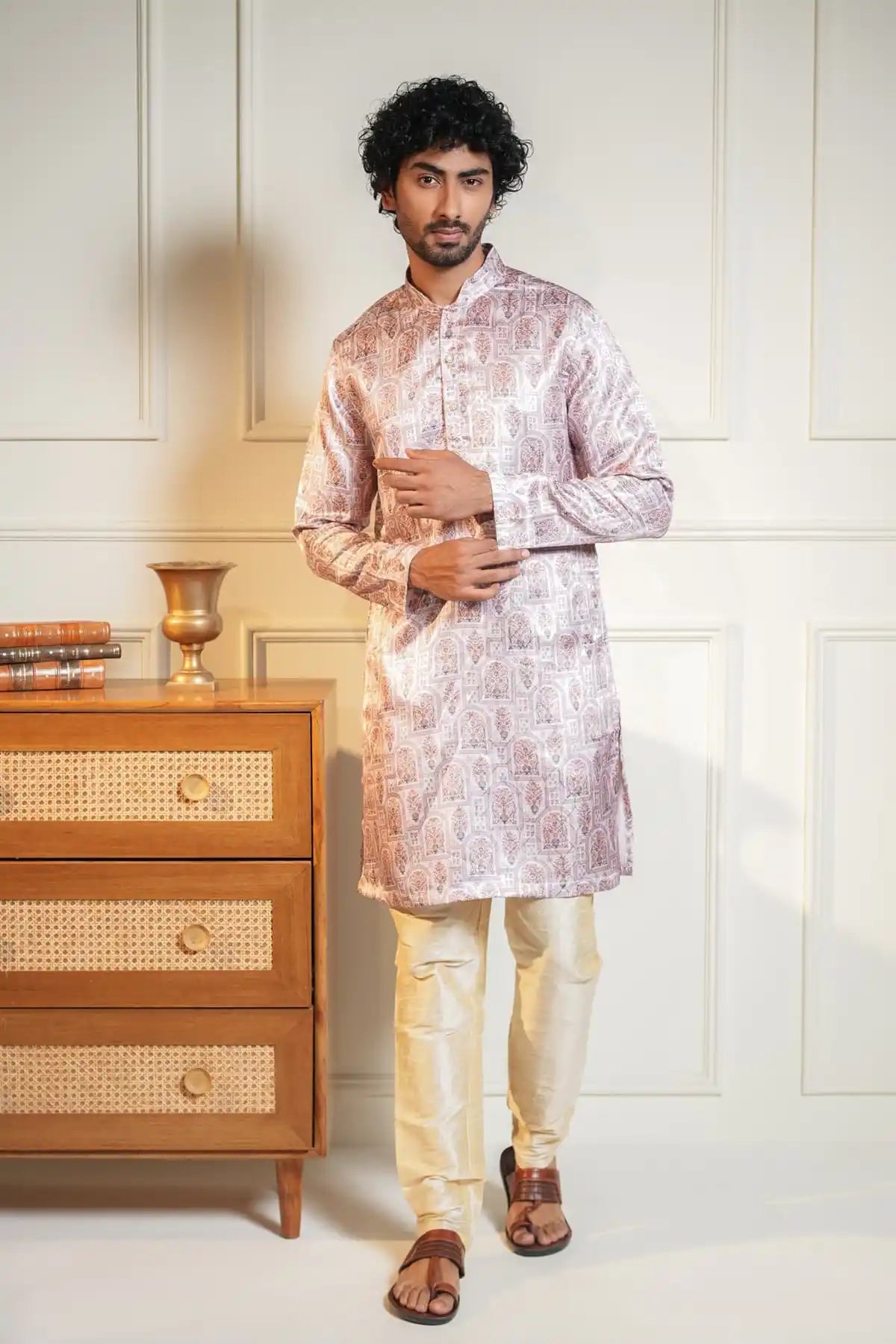 Royal Floral Print Silk Kurta, Printed Jacquard Kurta - Kavarsa