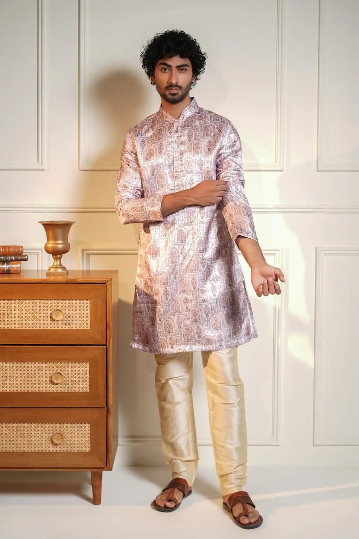 Royal Floral Print Silk Kurta, Printed Jacquard Kurta - Kavarsa