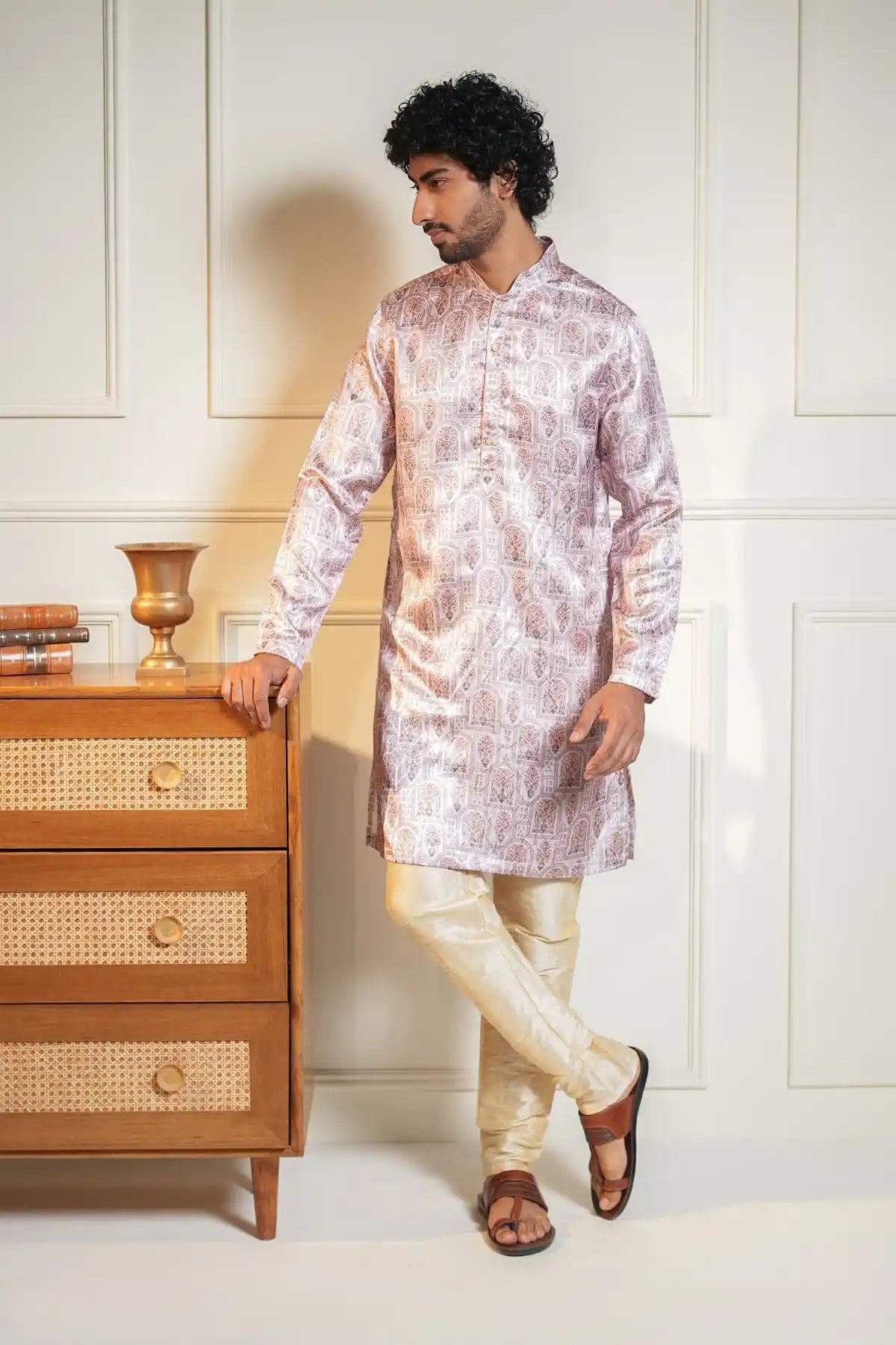 Royal Floral Print Silk Kurta, Printed Jacquard Kurta - Kavarsa