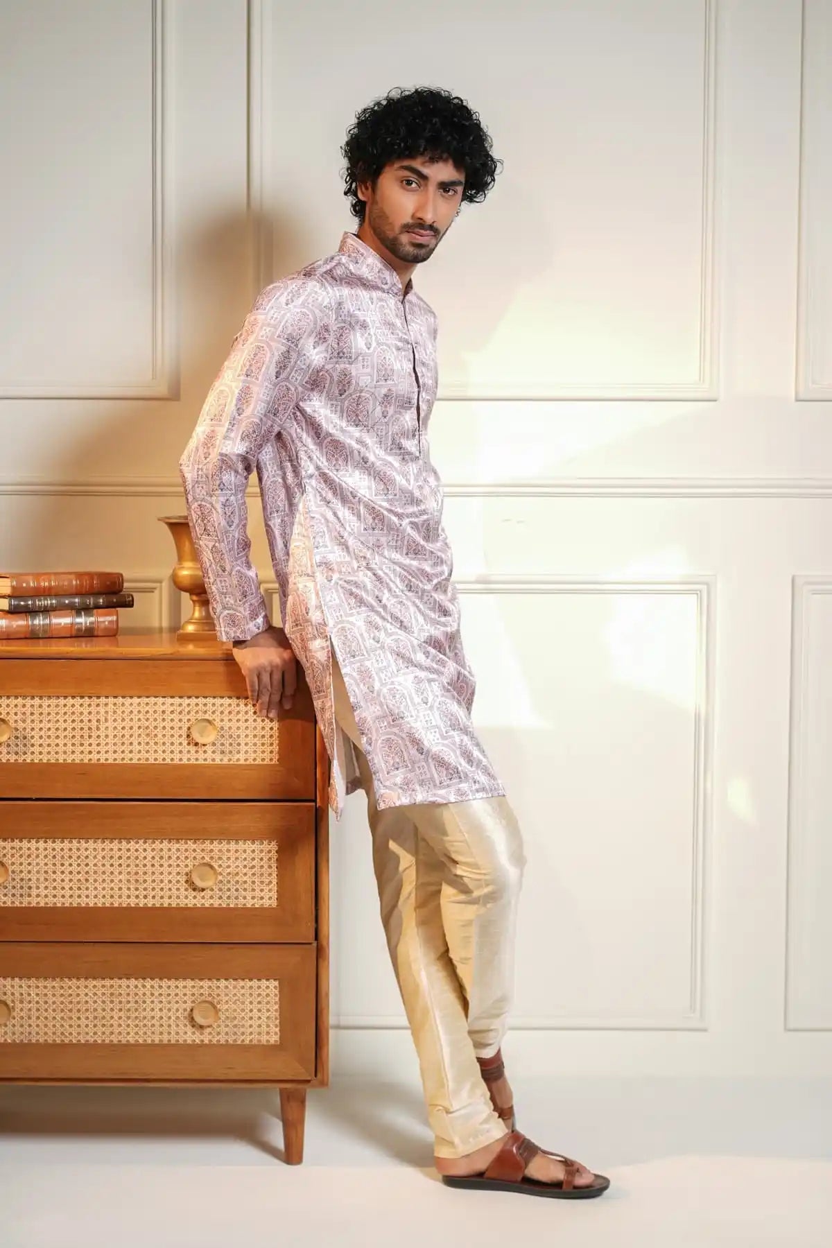 Royal Floral Print Silk Kurta, Printed Jacquard Kurta - Kavarsa