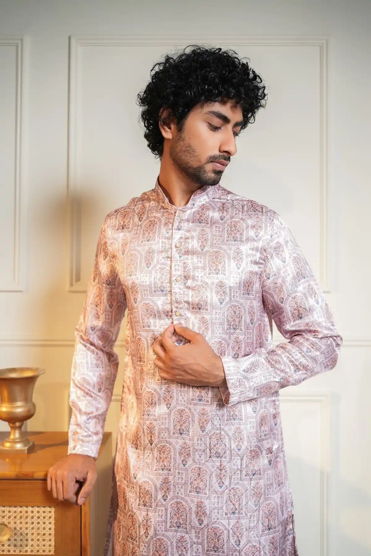 Royal Floral Print Silk Kurta, Printed Jacquard Kurta - Kavarsa