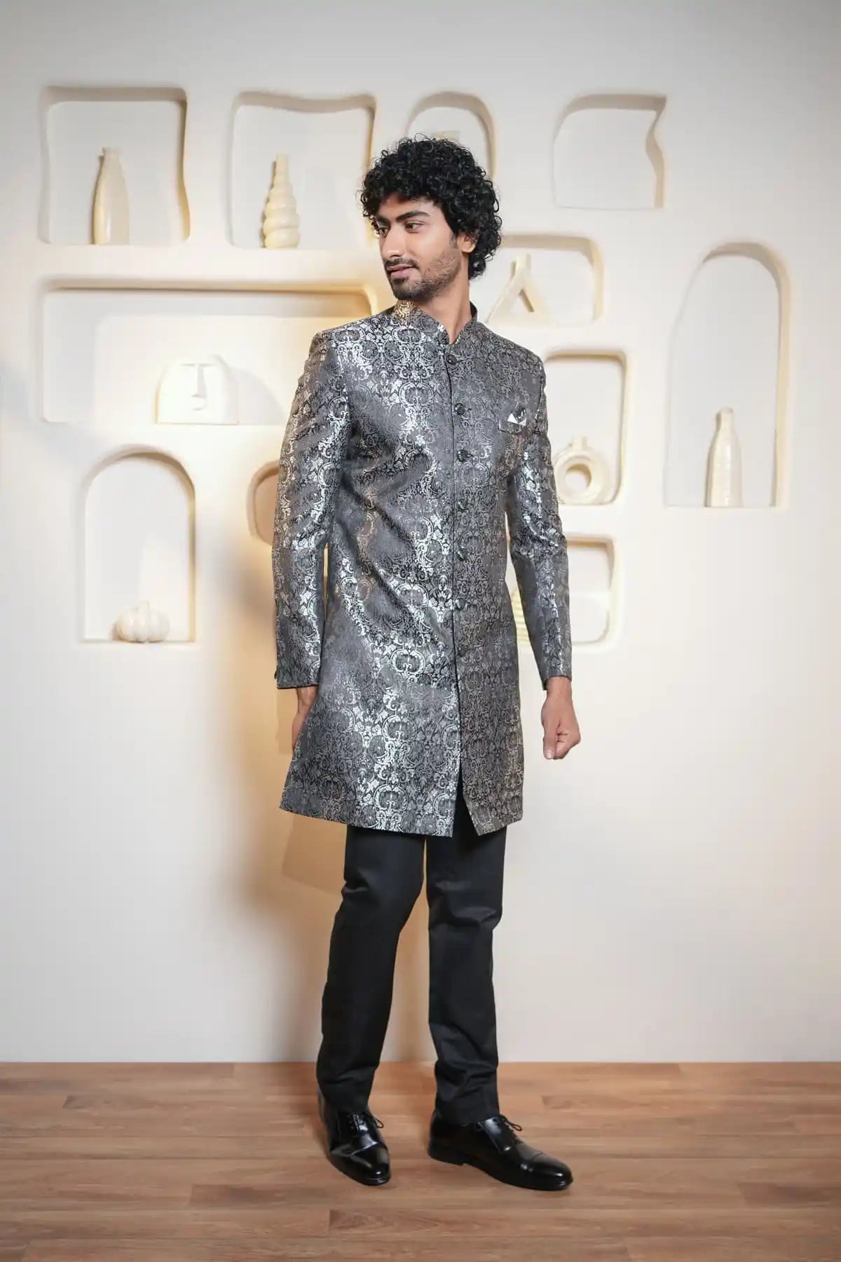 Royal Grey Indo-Western, Designer Jacquard Indo-Western - Kavarsa