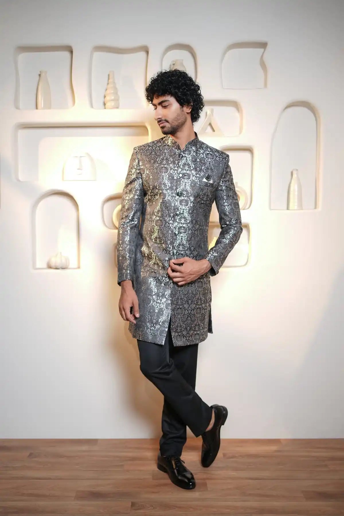 Royal Grey Indo-Western, Designer Jacquard Indo-Western - Kavarsa