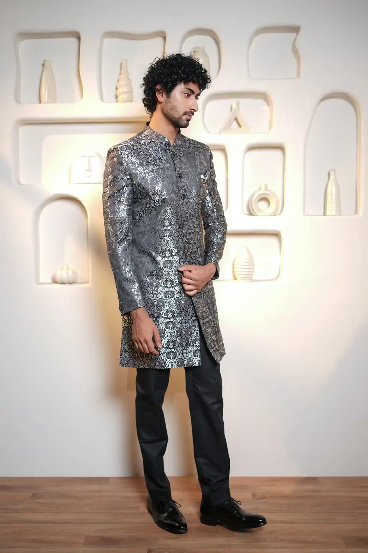 Royal Grey Indo-Western, Designer Jacquard Indo-Western - Kavarsa