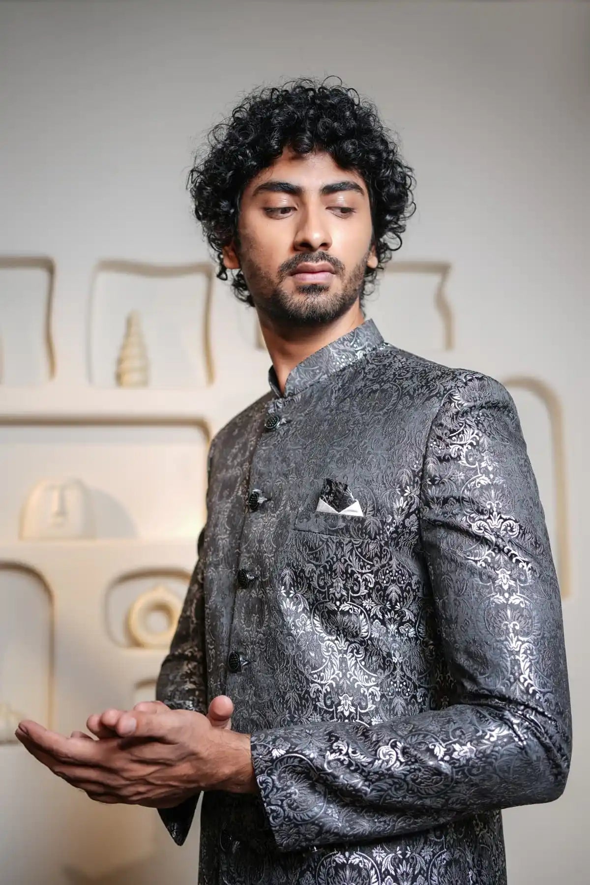 Royal Grey Indo-Western, Designer Jacquard Indo-Western - Kavarsa